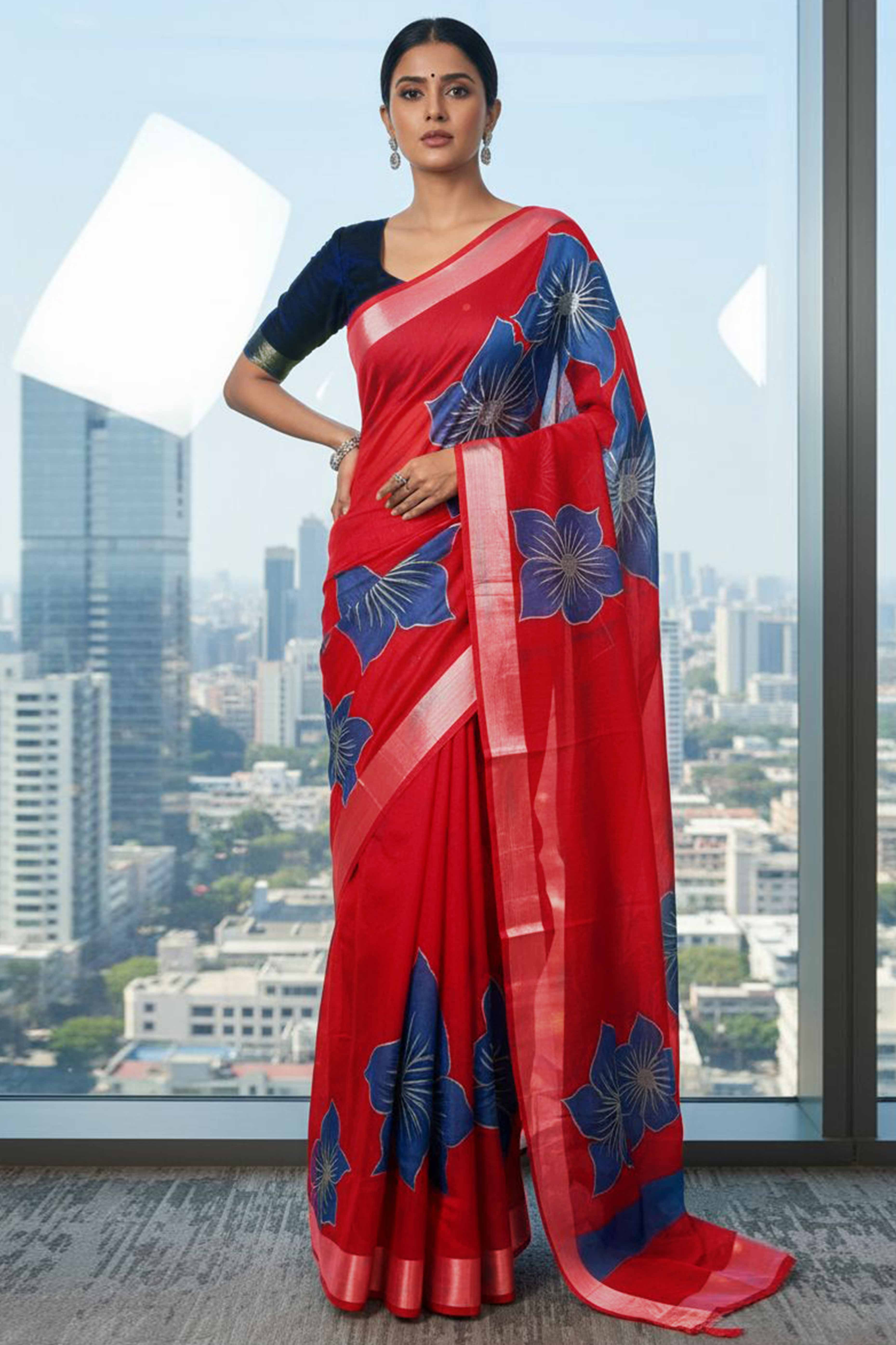 Vibrant Red & Blue Floral Foil Printed Organza Saree With Designer Unstitched Blouse