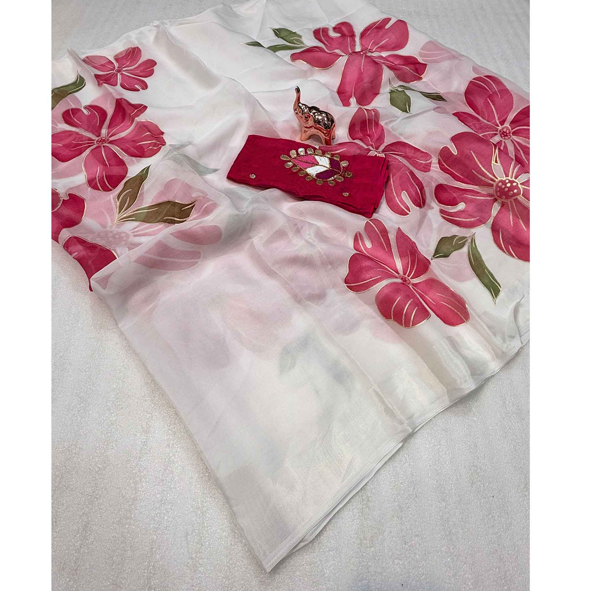 Vibrant White & Pink Floral Foil Printed Organza Saree With Designer Unstitched Blouse