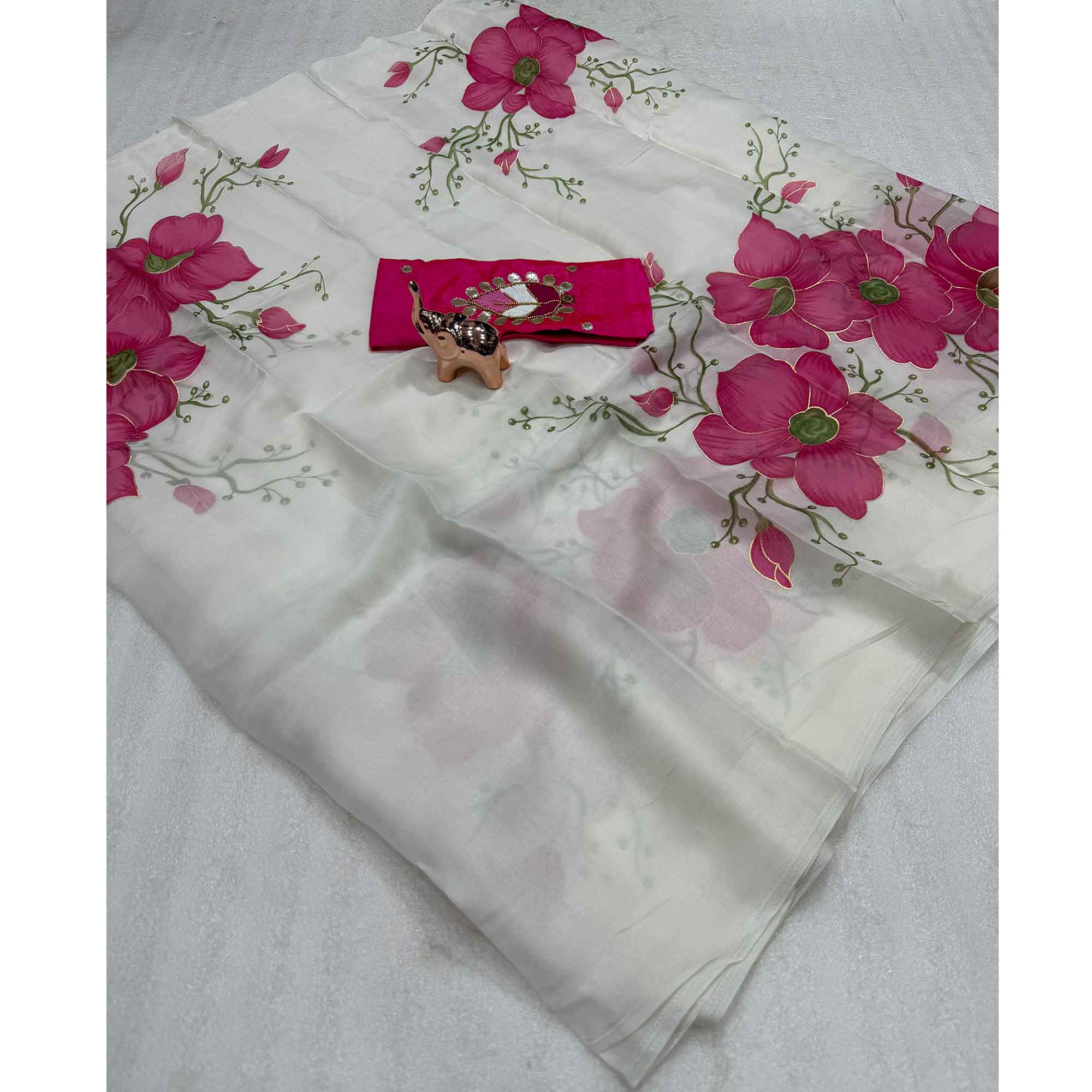 Vibrant White & Pink Floral Foil Printed Organza Saree With Designer Unstitched Blouse