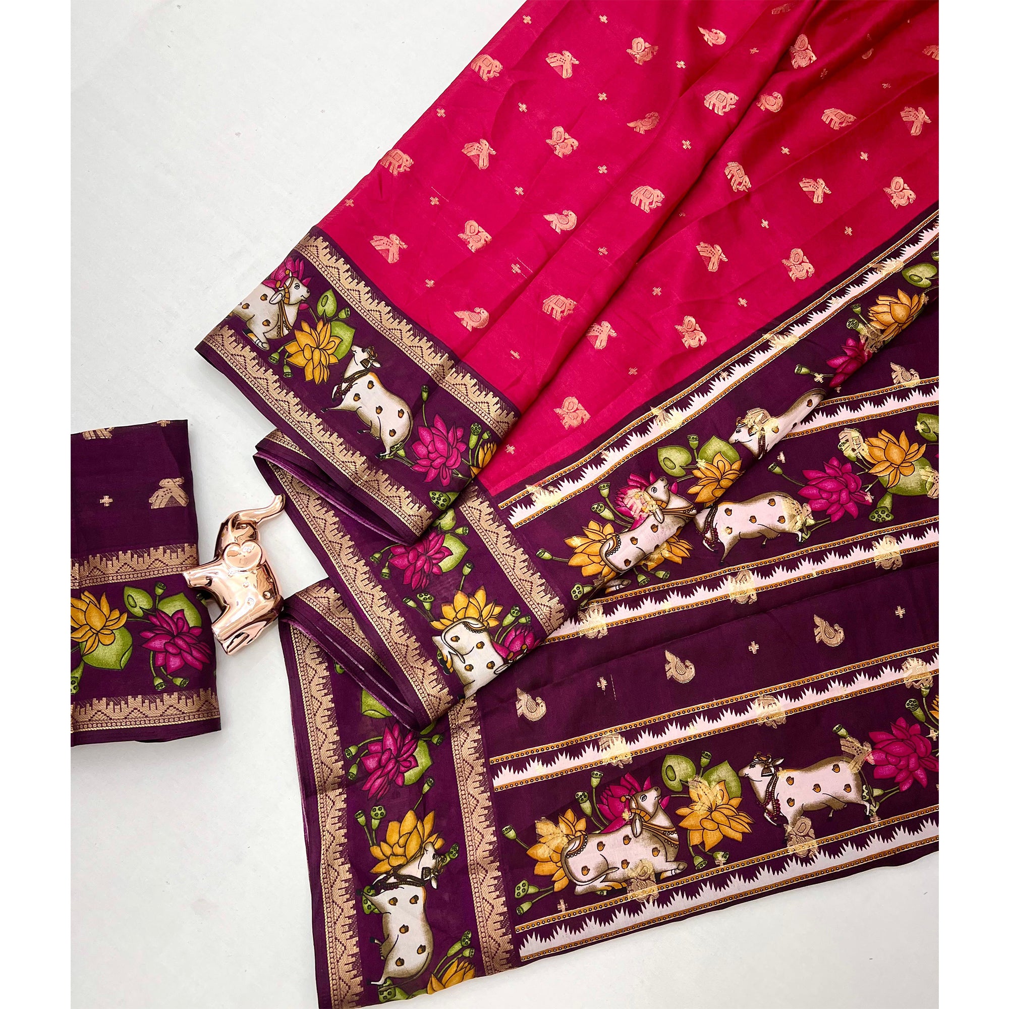 Elegant Pink Peacock Pattern Zari Weaving Georgette Saree With Tassel Pallu