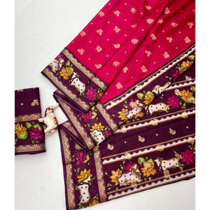 Elegant Pink Peacock Pattern Zari Weaving Georgette Saree With Tassel Pallu