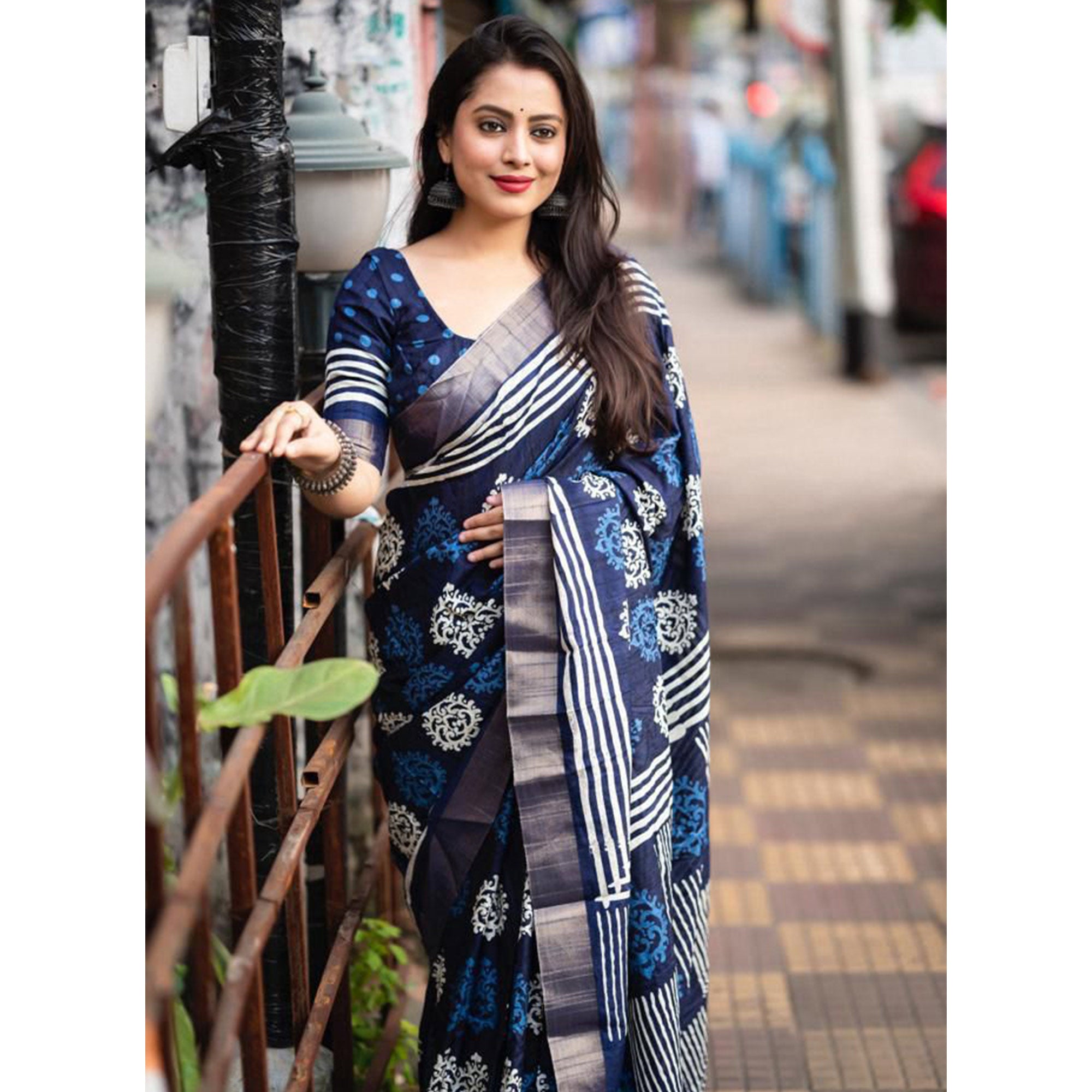 Blue Printed Tussar Silk Saree