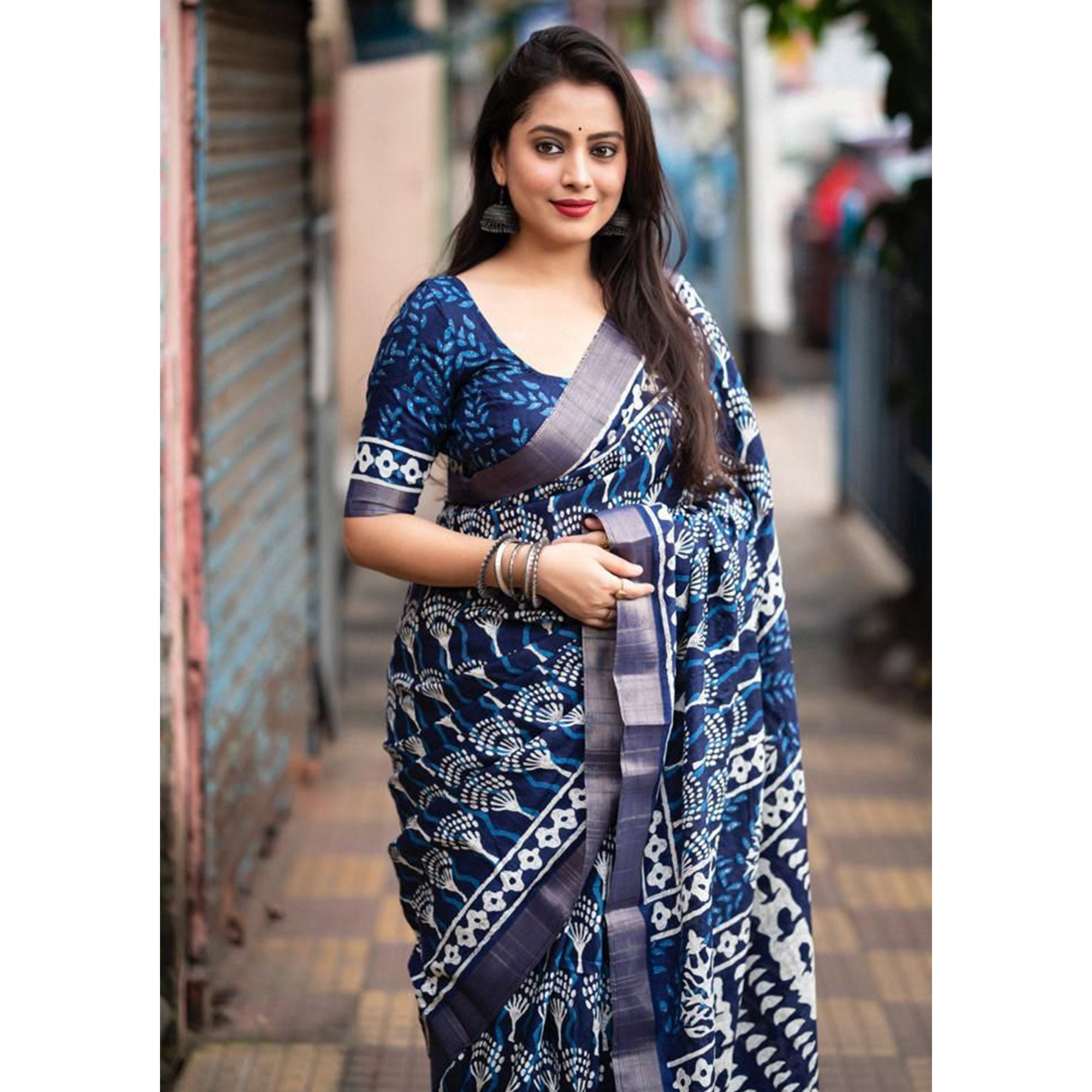 Blue Printed Tussar Silk Saree