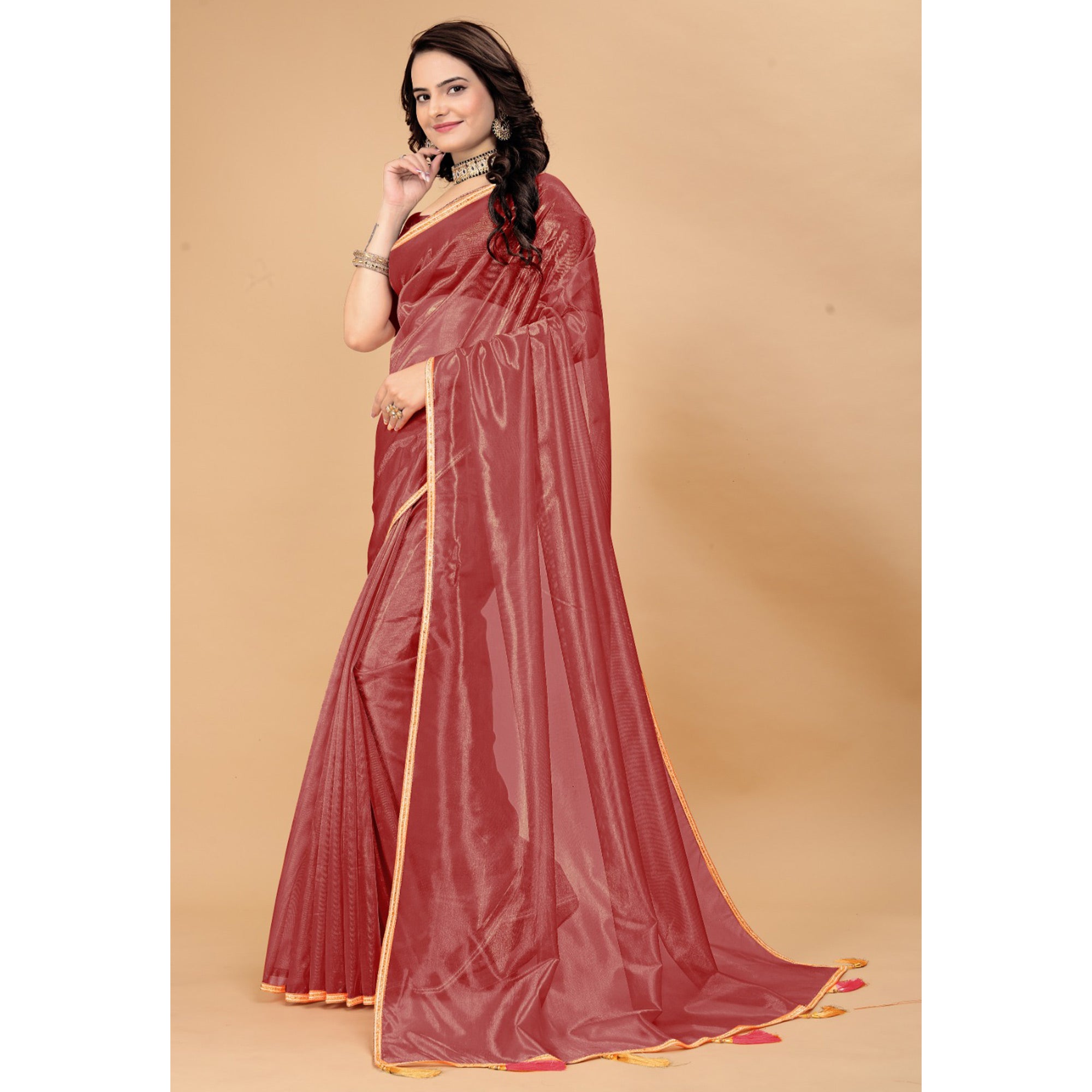 Brick Red Solid Nylon Saree With Lace Border