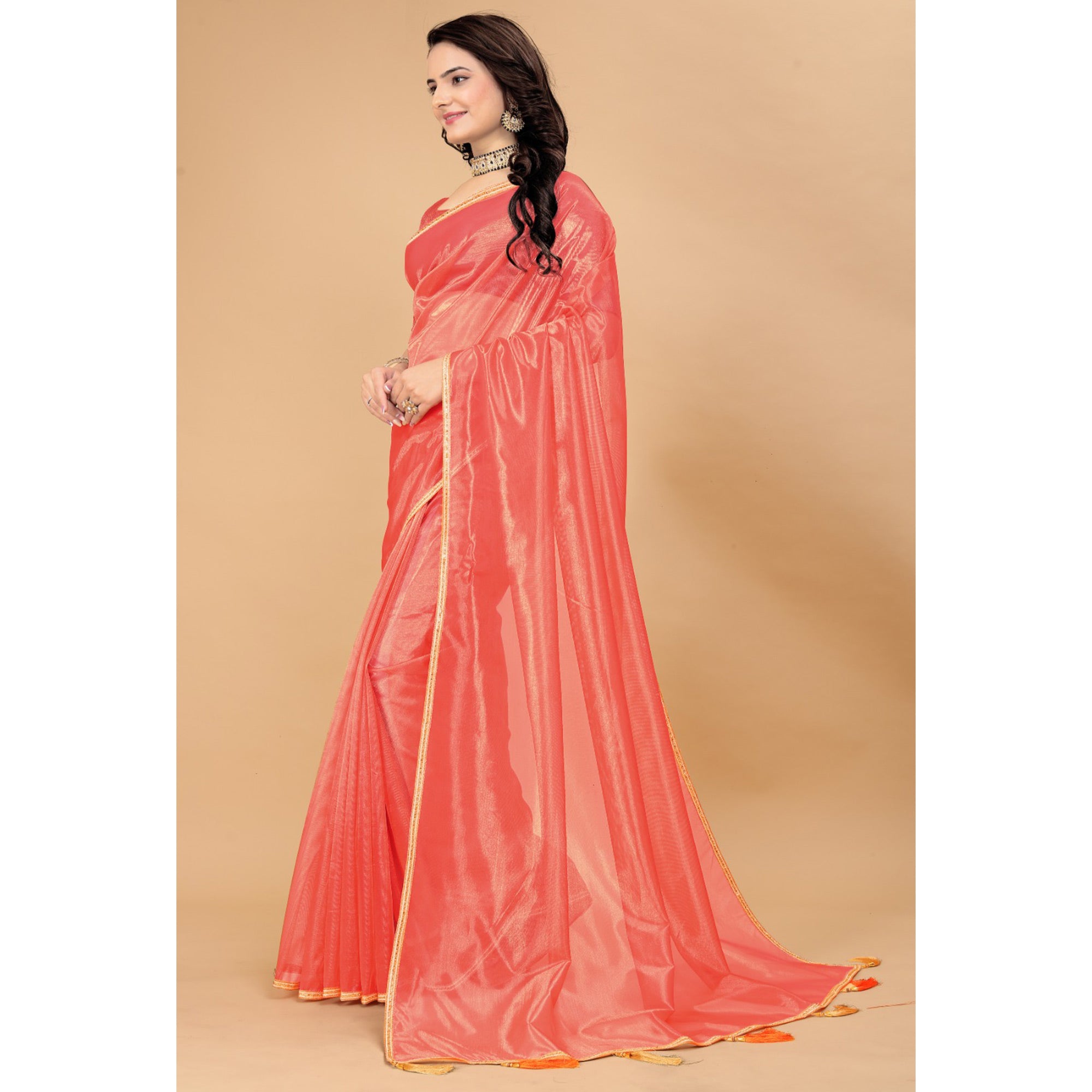 Dark Peach Solid Nylon Saree With Lace Border