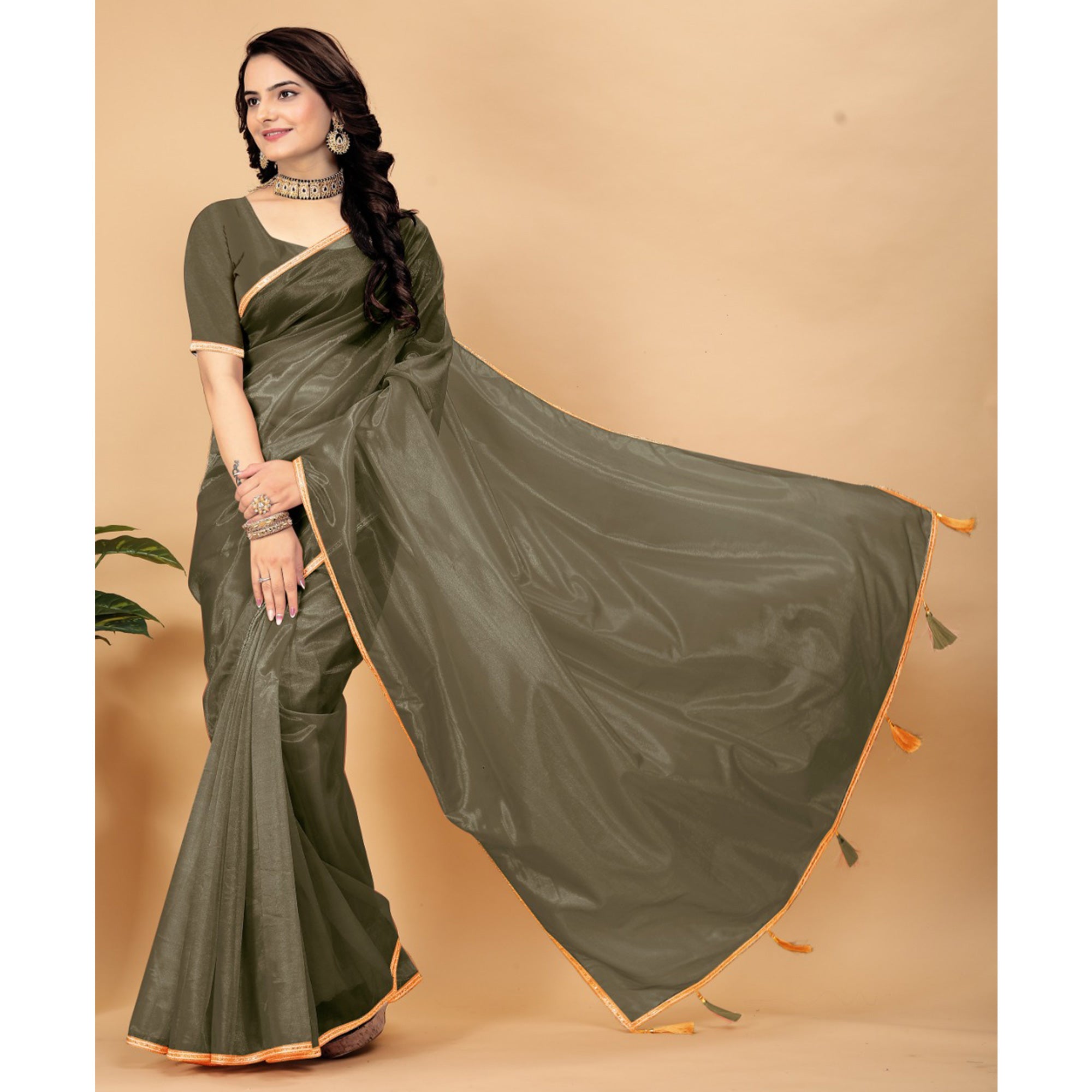 Mehendi Green Solid Nylon Saree With Lace Border