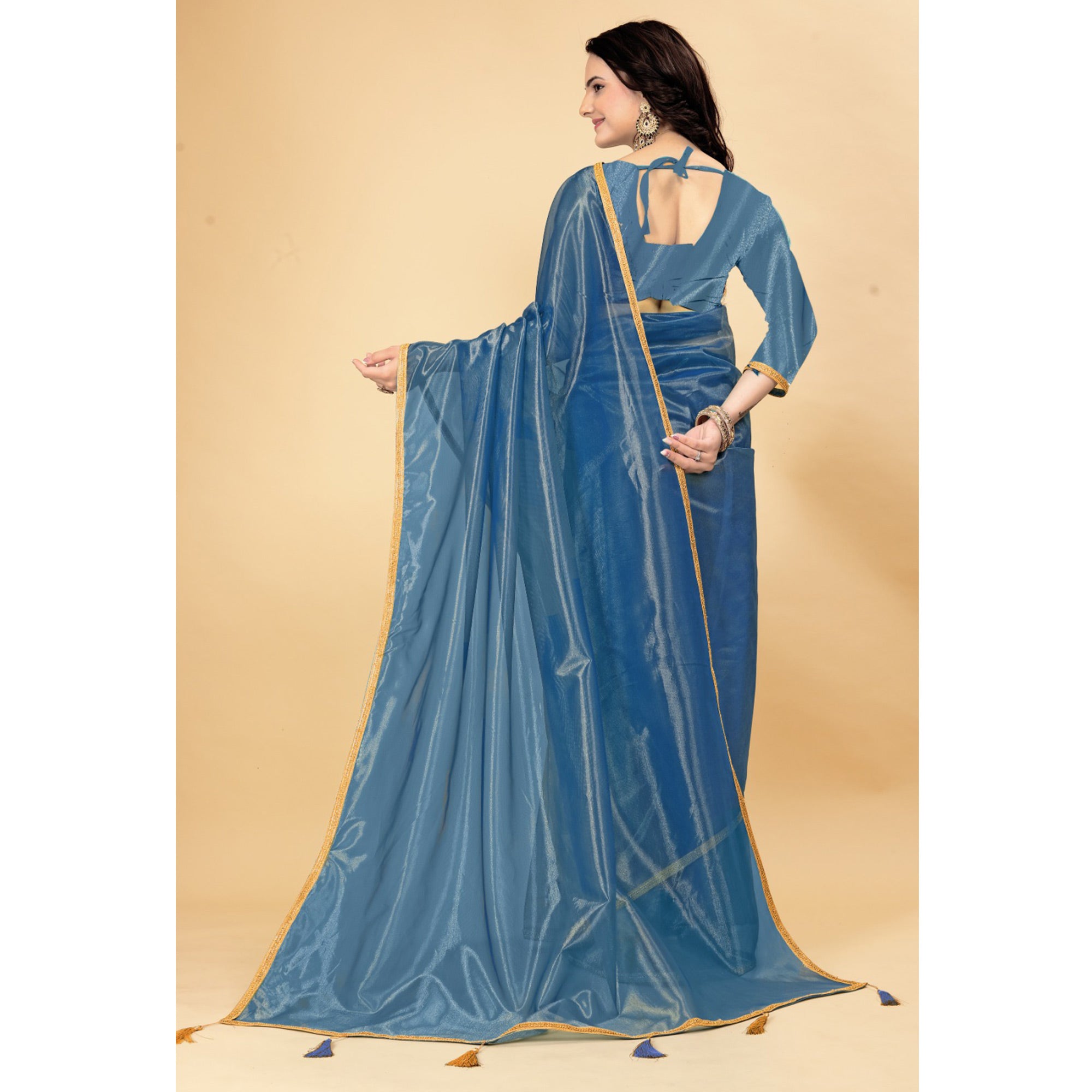 Morpich Solid Nylon Saree With Lace Border