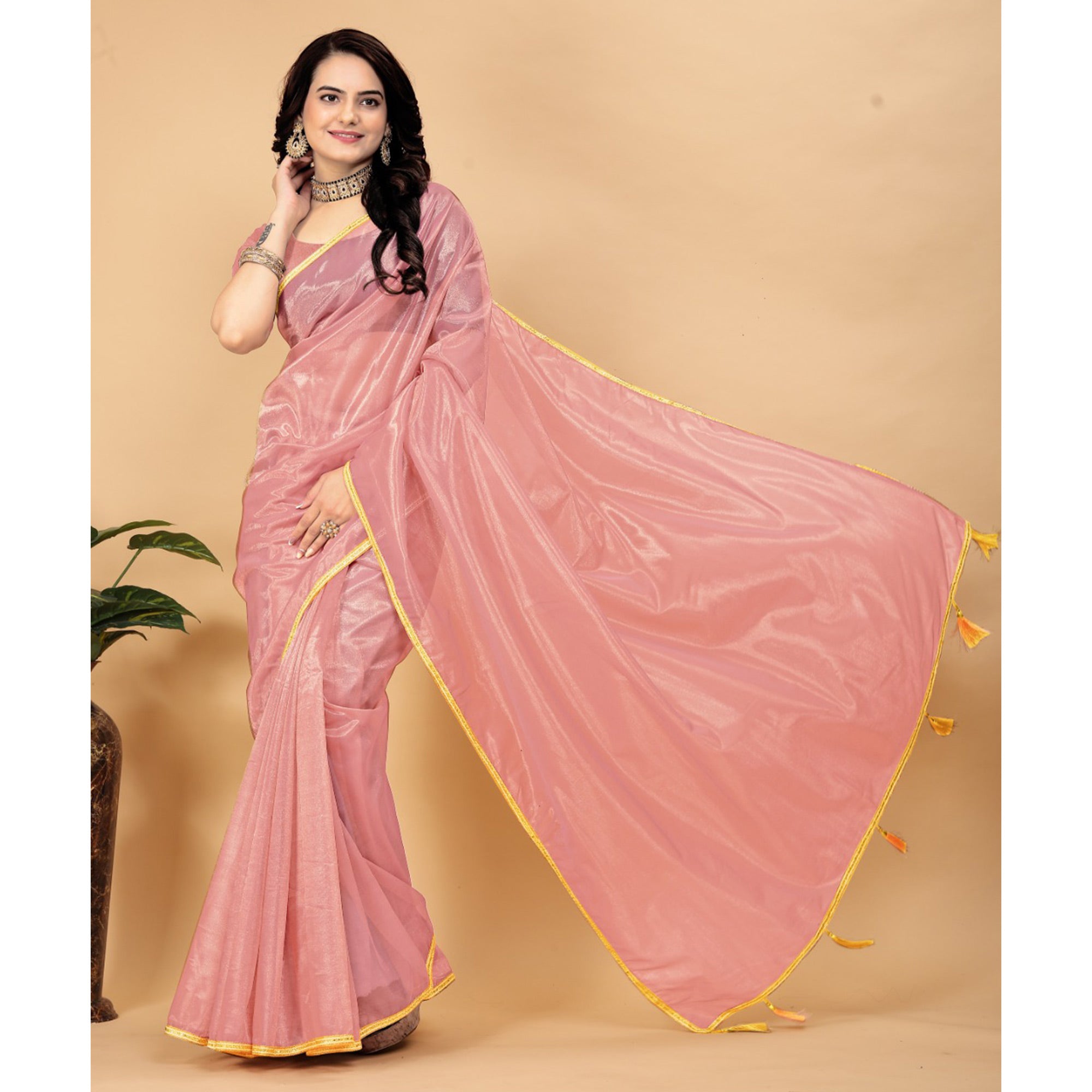 Peach Solid Nylon Saree With Lace Border