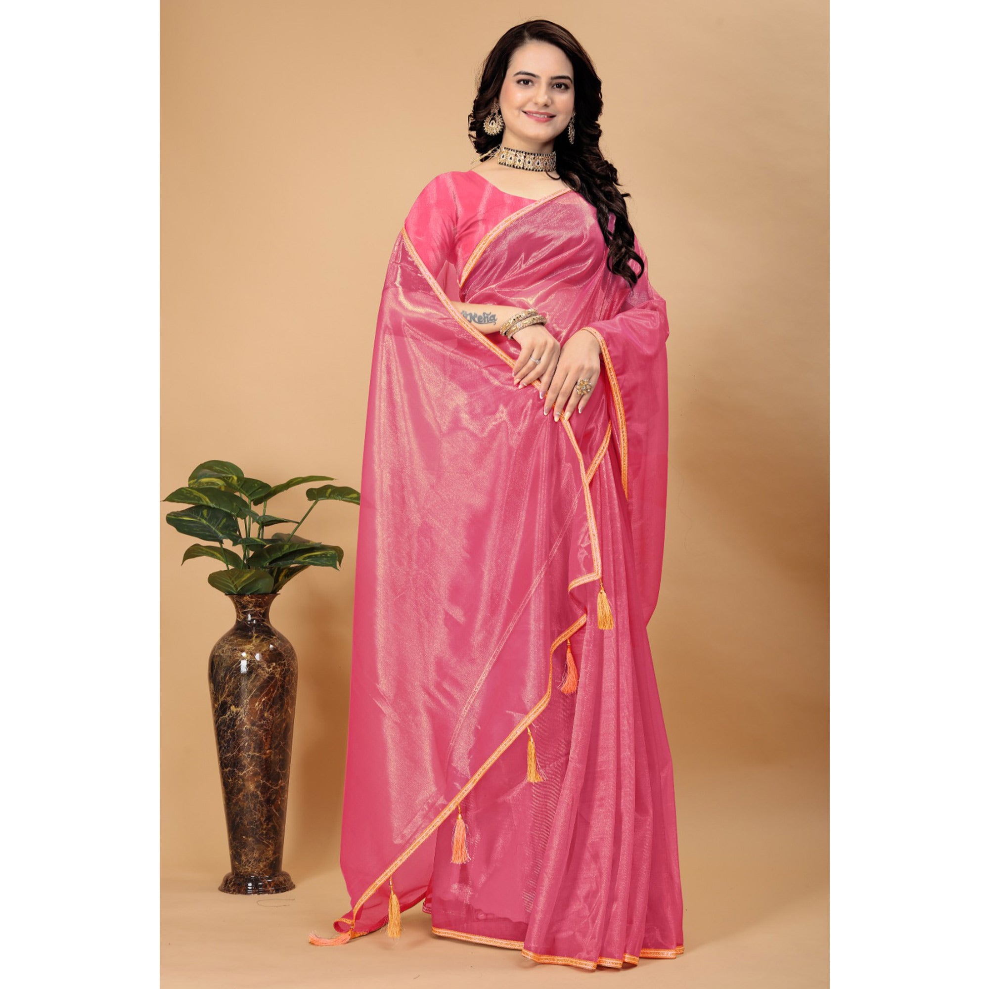 Pink Solid Nylon Saree With Lace Border