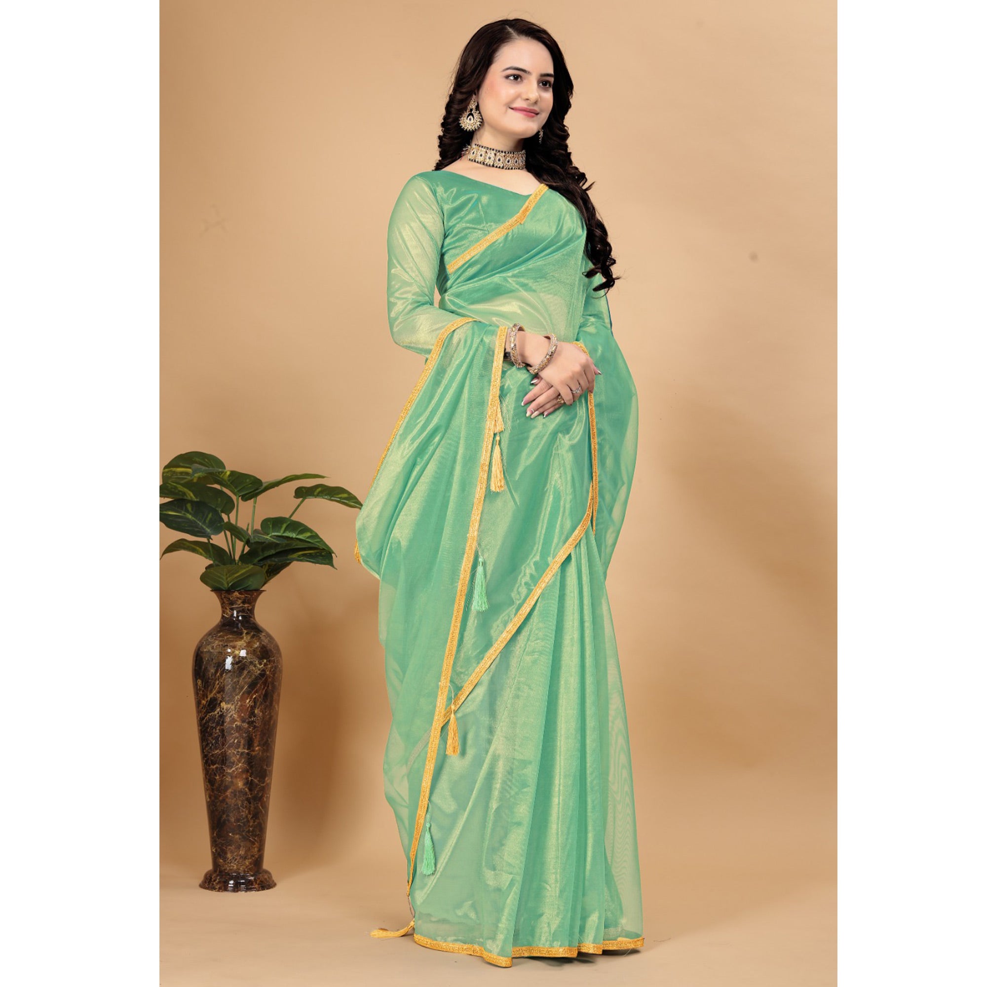 Sea Green Solid Nylon Saree With Lace Border