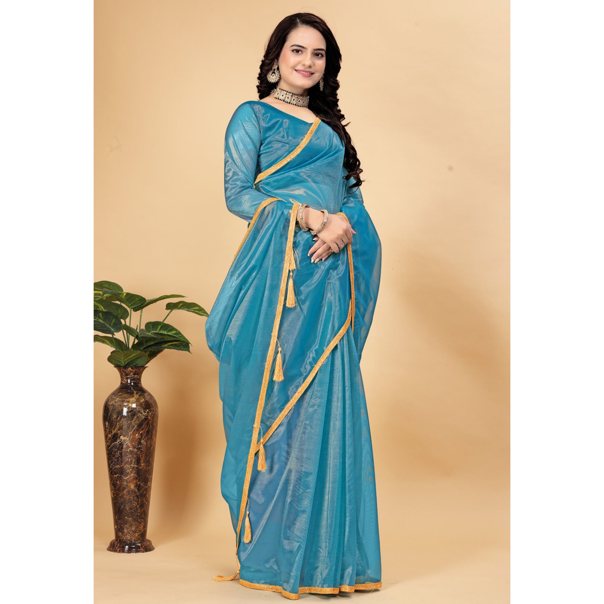 Teal Blue Solid Nylon Saree With Lace Border