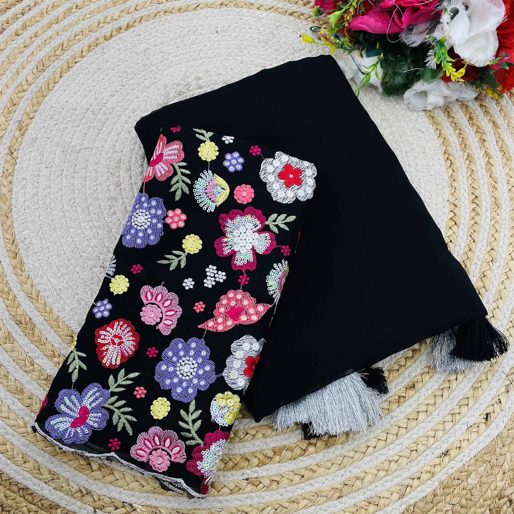 Black Solid Georgette Saree With  Tassels