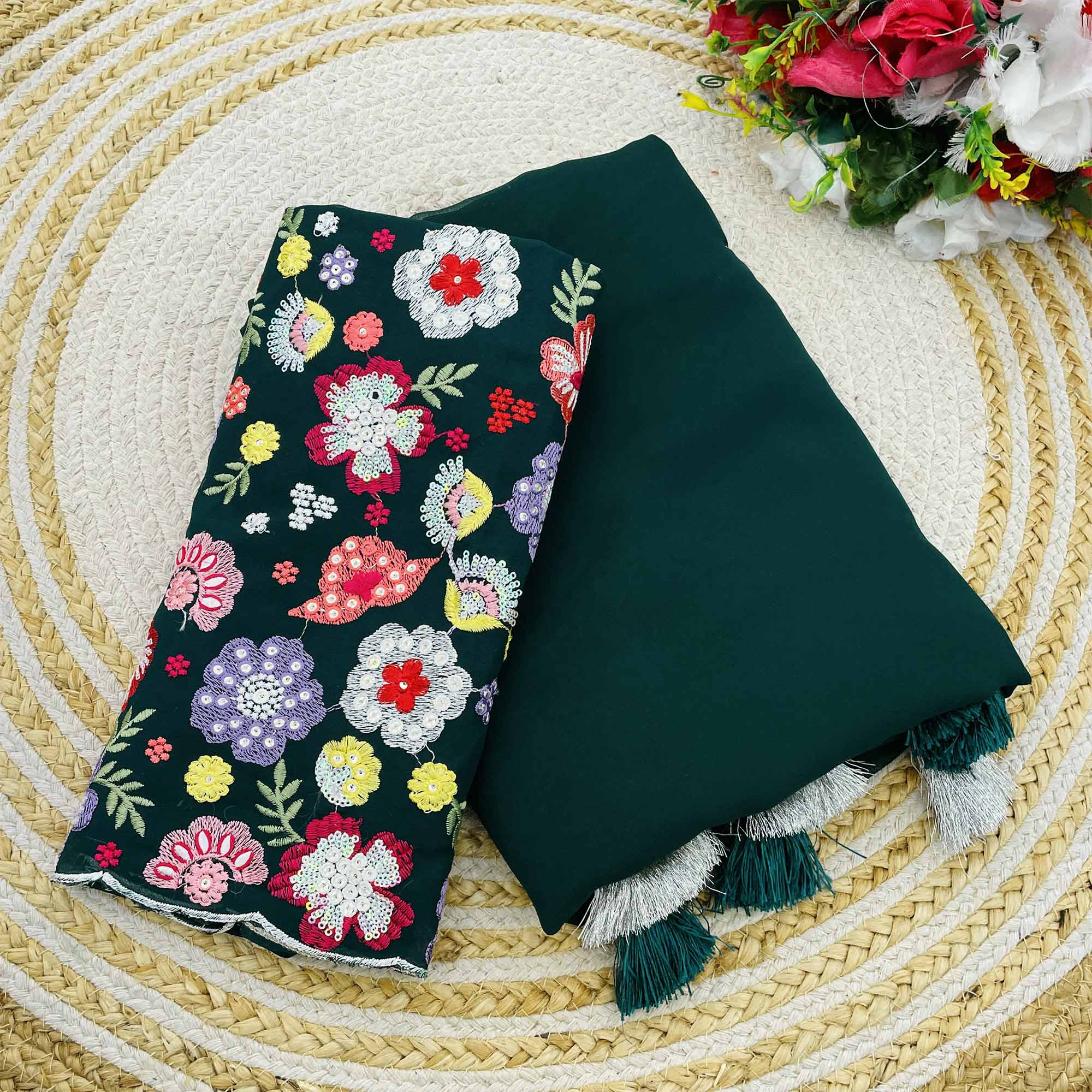 Dark Teal Solid Georgette Saree With Tassels