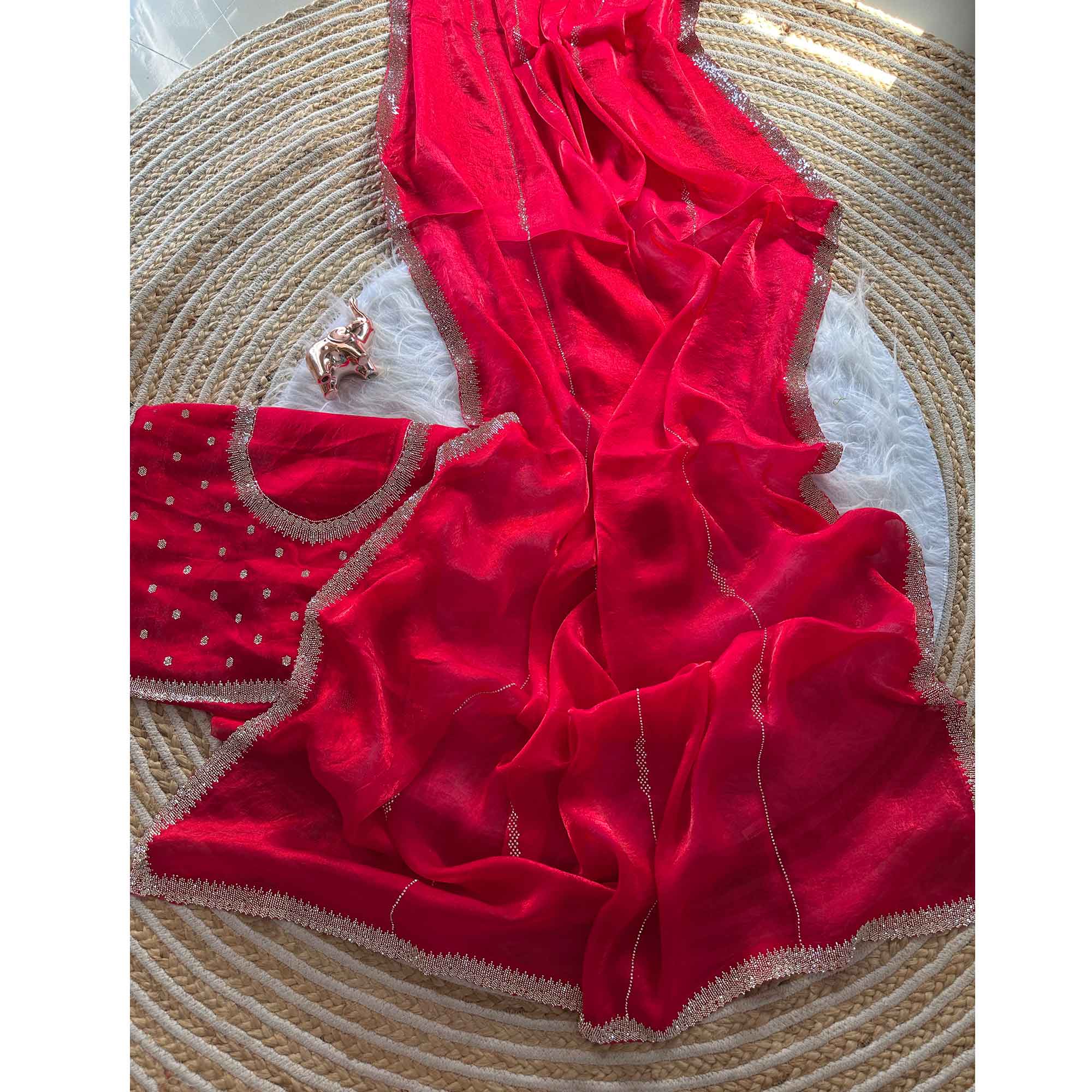 Classic Rani Pink Pure Silk Saree Adorned With Sparkling Jarkan Work & An Exquisite Designer Border