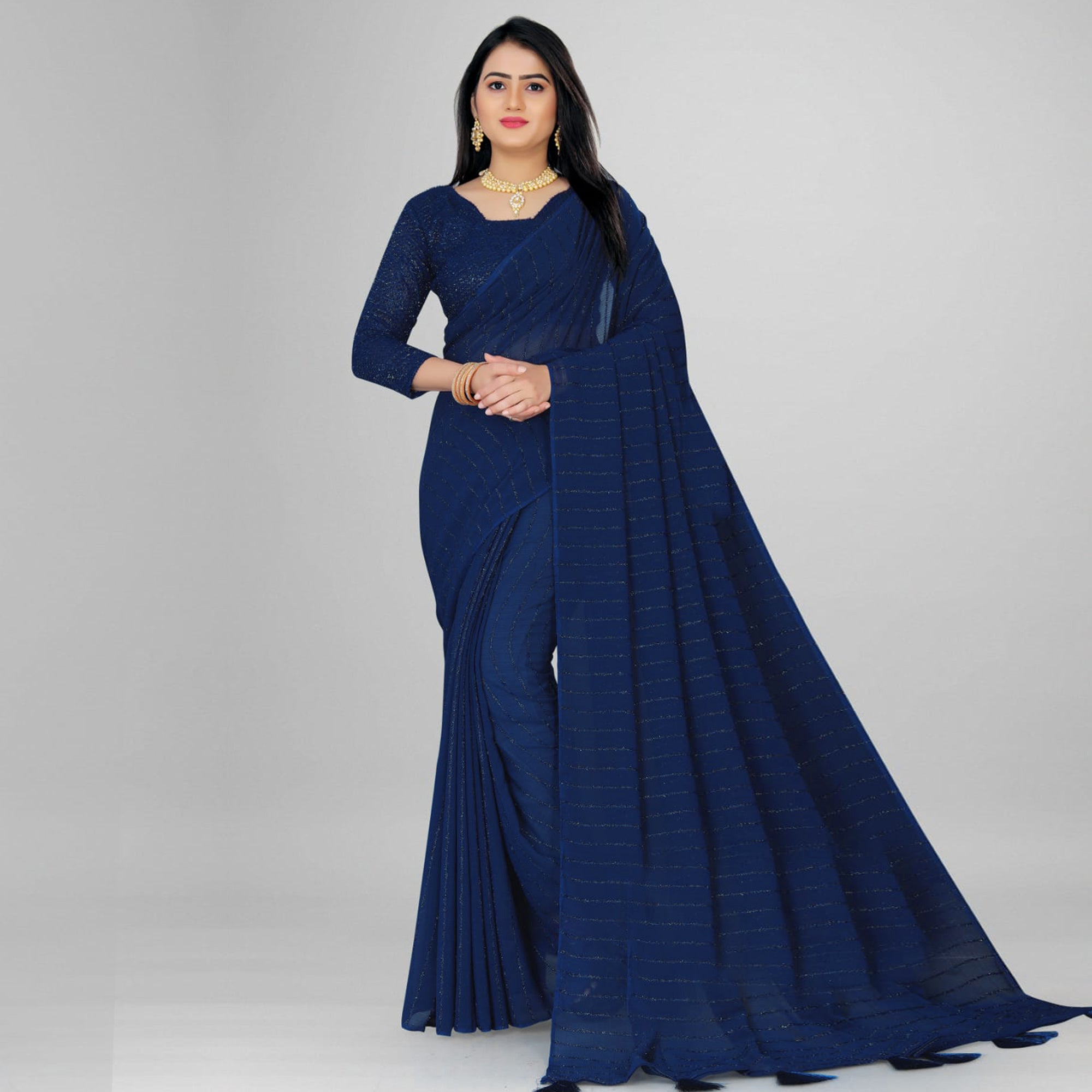 Blue Woven Chiffon Saree with Tassels