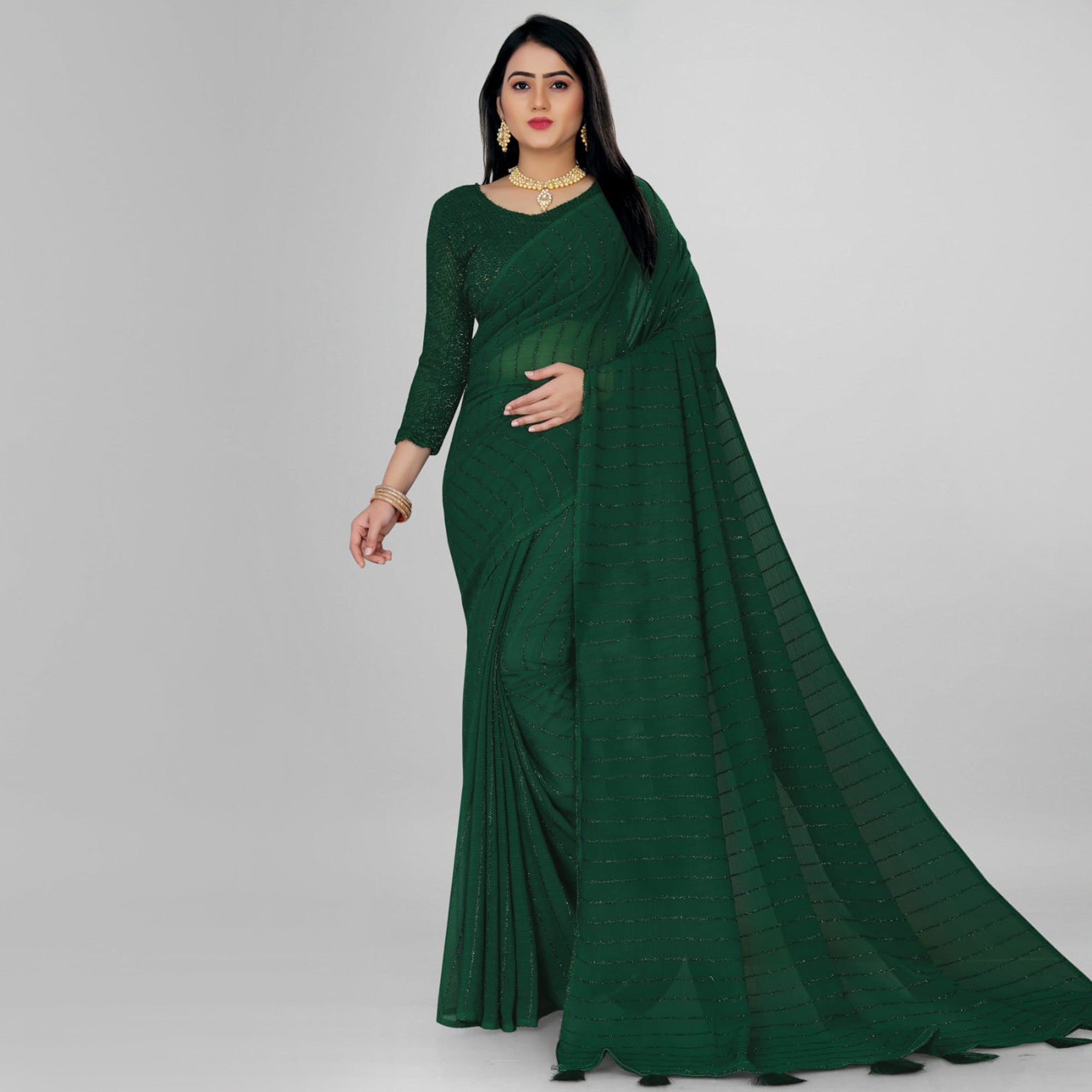Green Woven Chiffon Saree with Tassels
