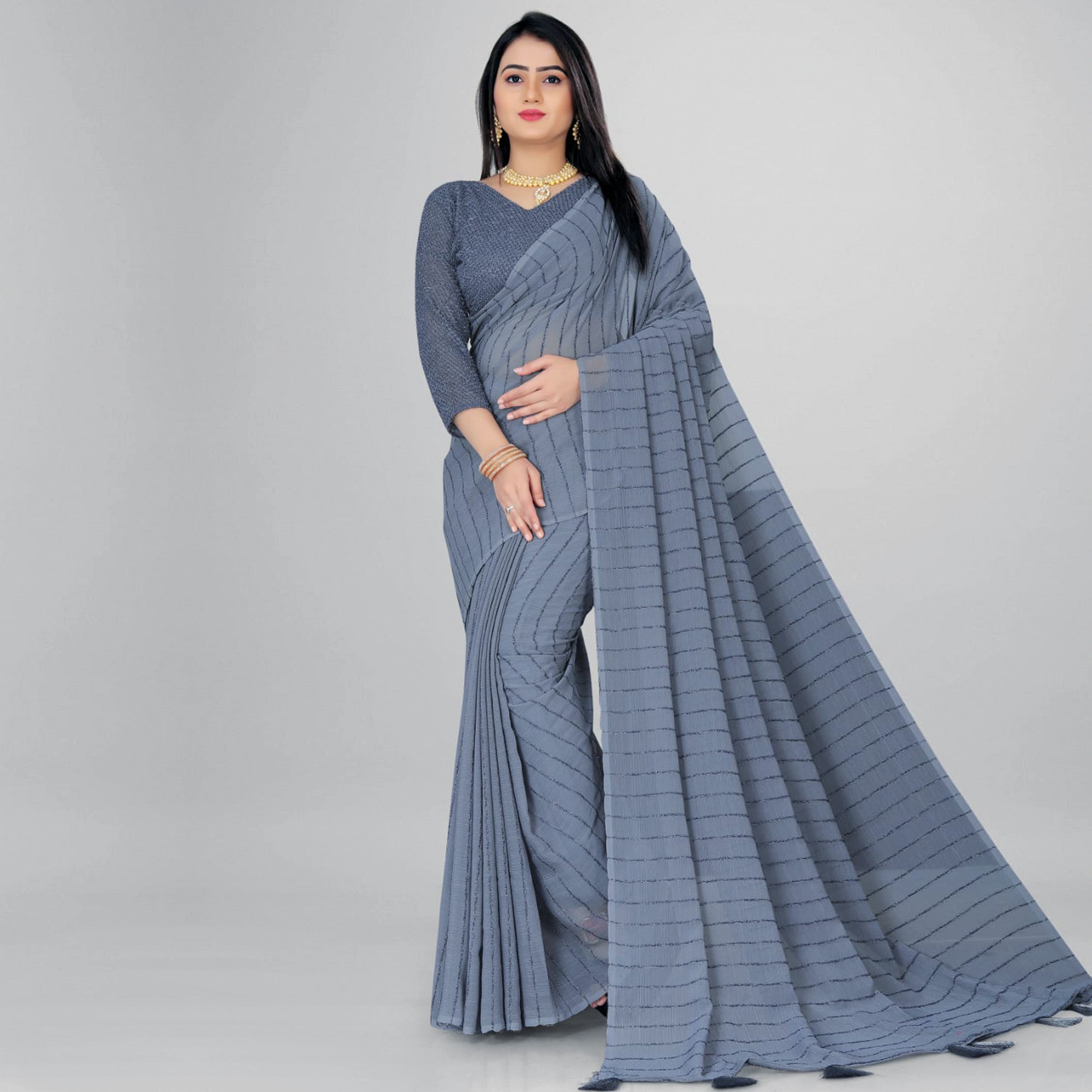 Grey Woven Chiffon Saree with Tassels