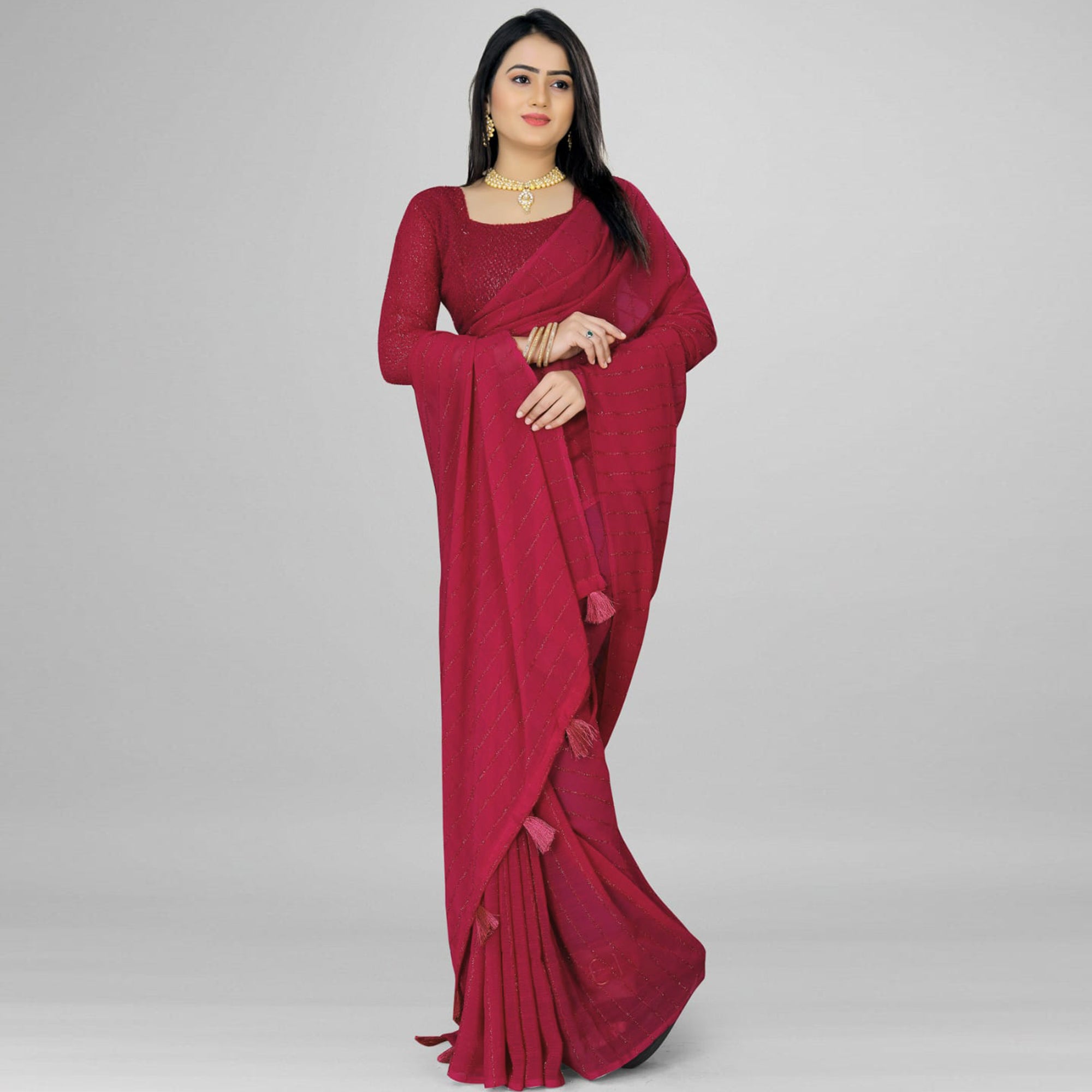 Rani Pink Woven Chiffon Saree with Tassels