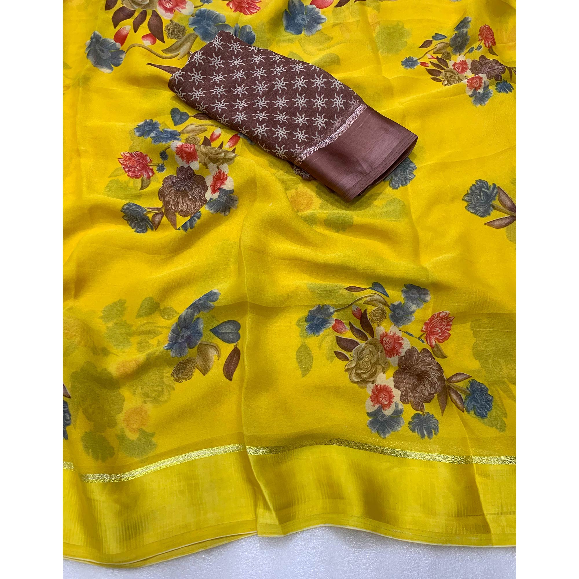 Lemon Yellow Floral Printed Georgette Saree With Zari Border