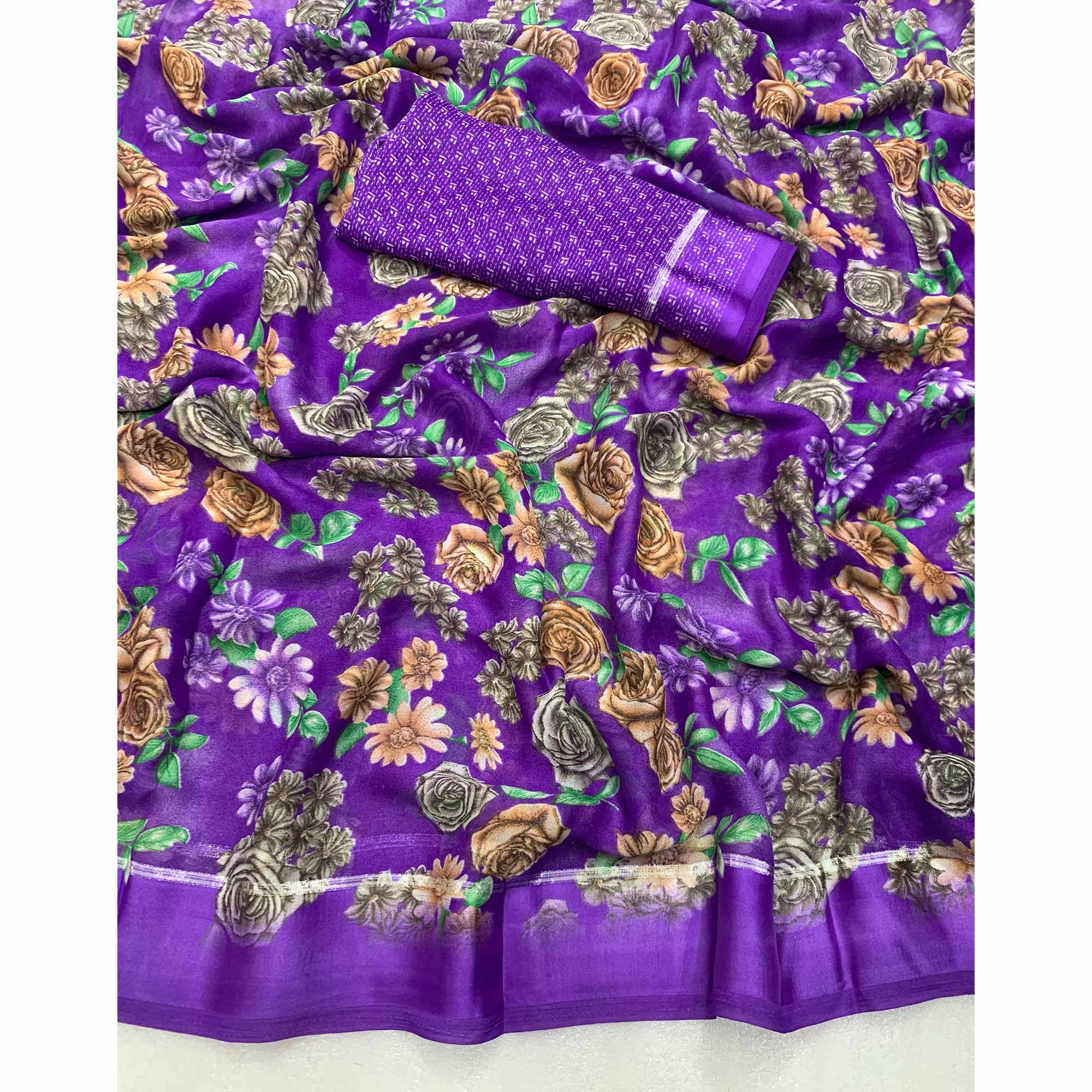 Violet Floral Printed Georgette Saree With Zari Border