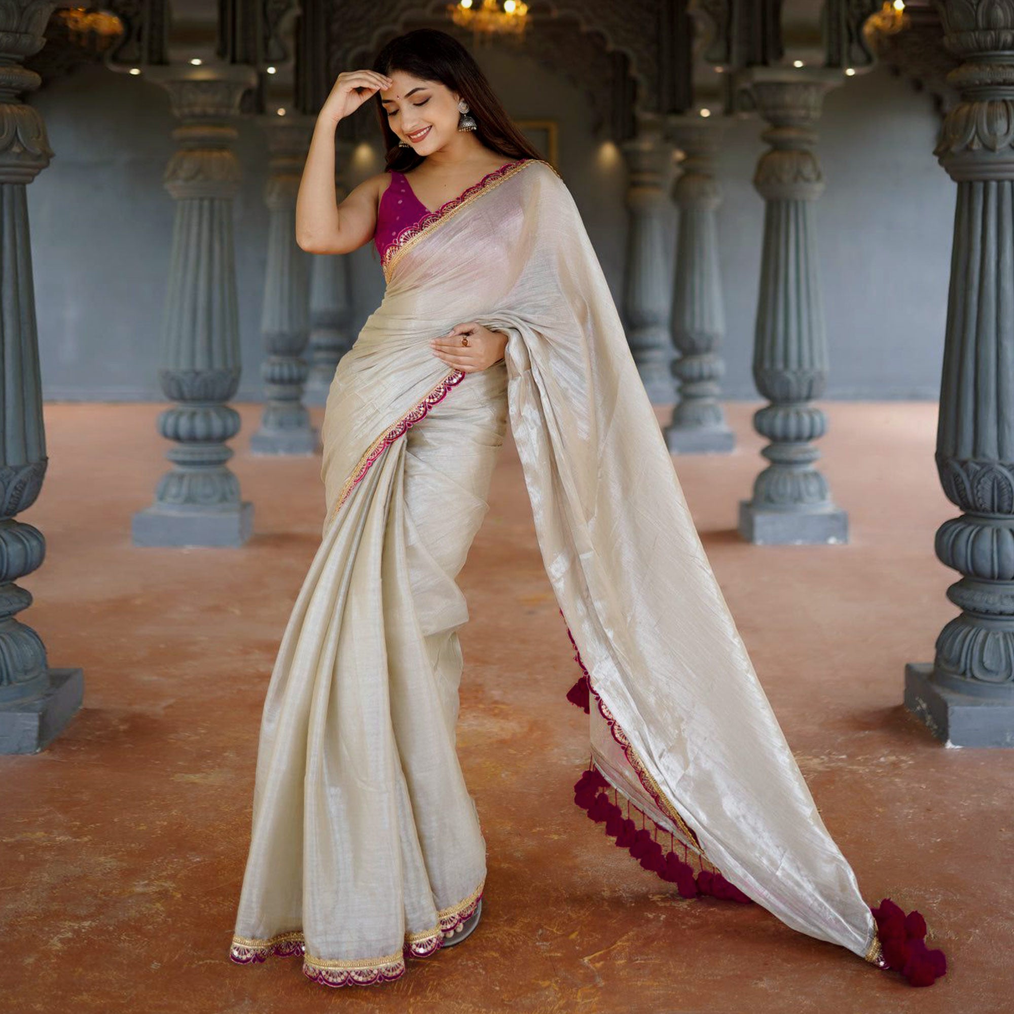 Cream & Rani Pink Solid Art Silk Saree With Sequins Embroidered Border