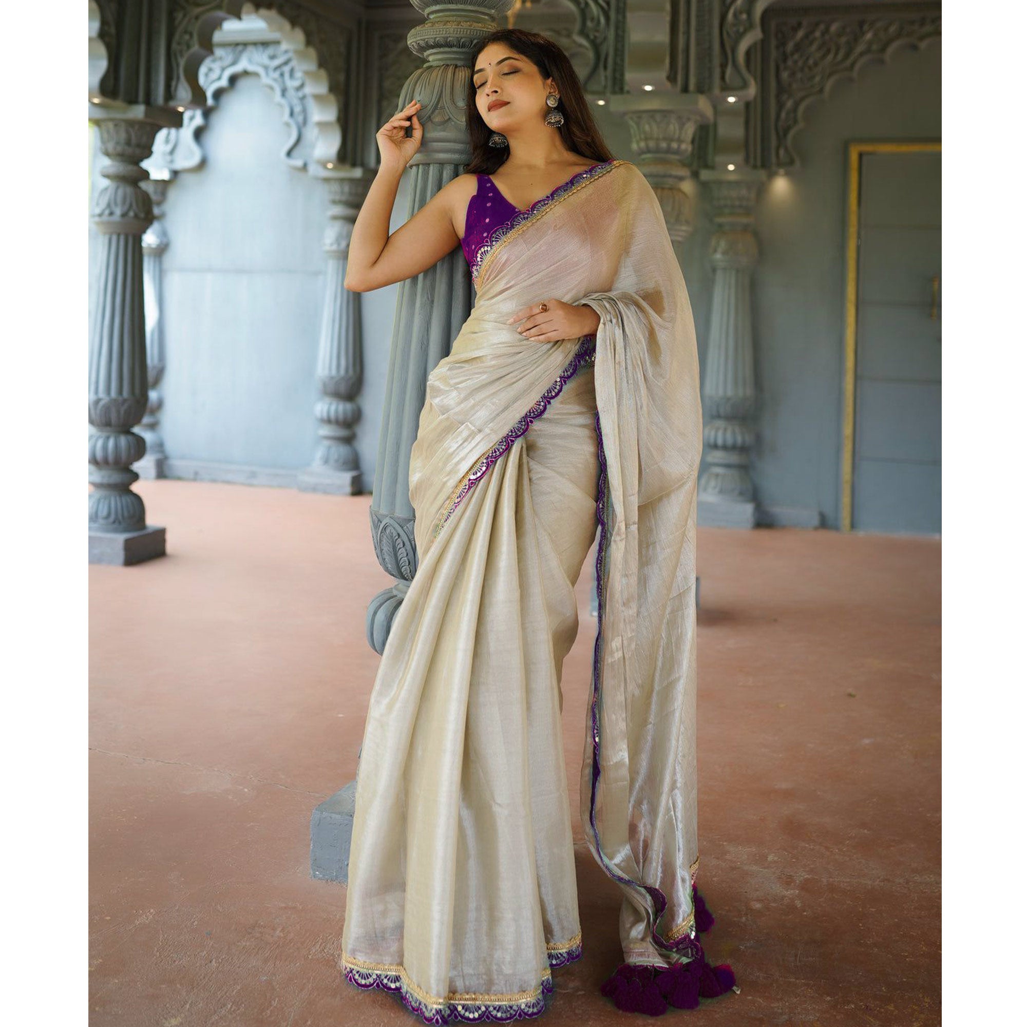 Cream & Wine Solid Art Silk Saree With Sequins Embroidered Border