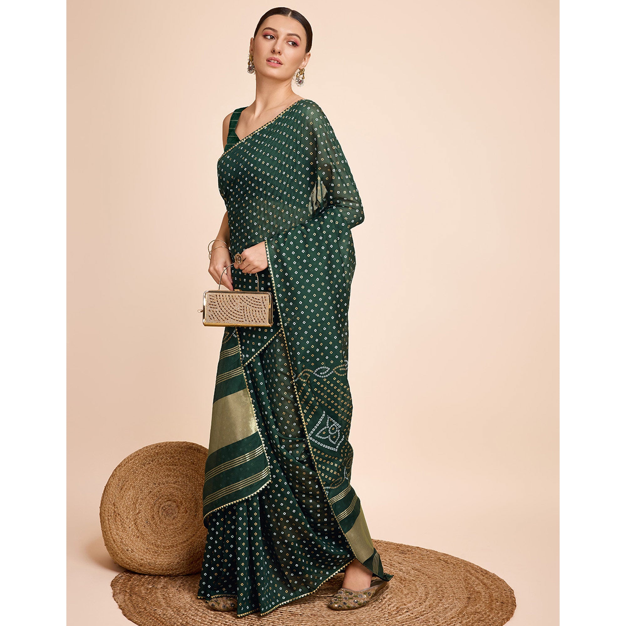 Green Bandhani Printed Cotton Silk Saree