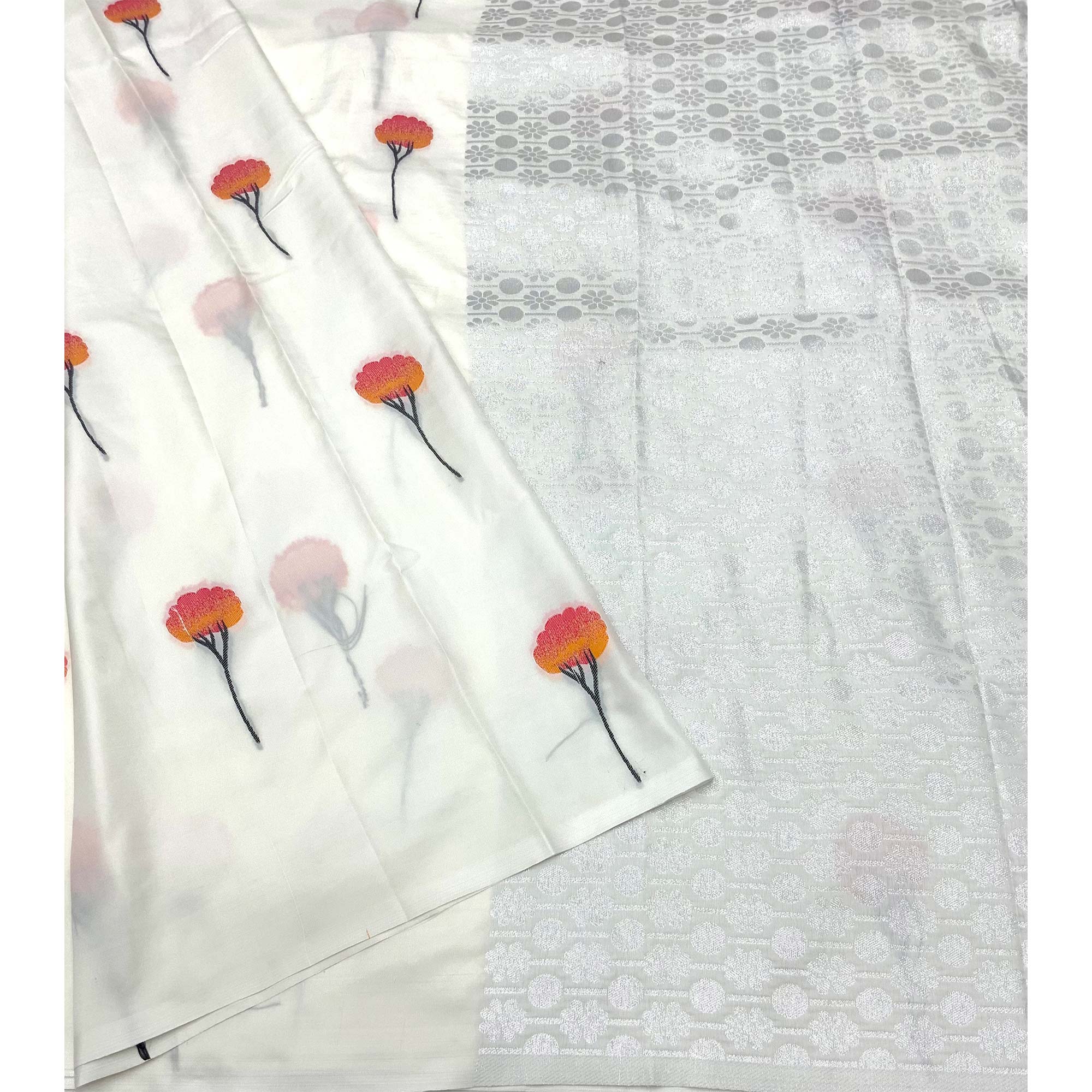 Elegant White Banarasi Silk Saree With Floral Zari Weaving & Tassel Border