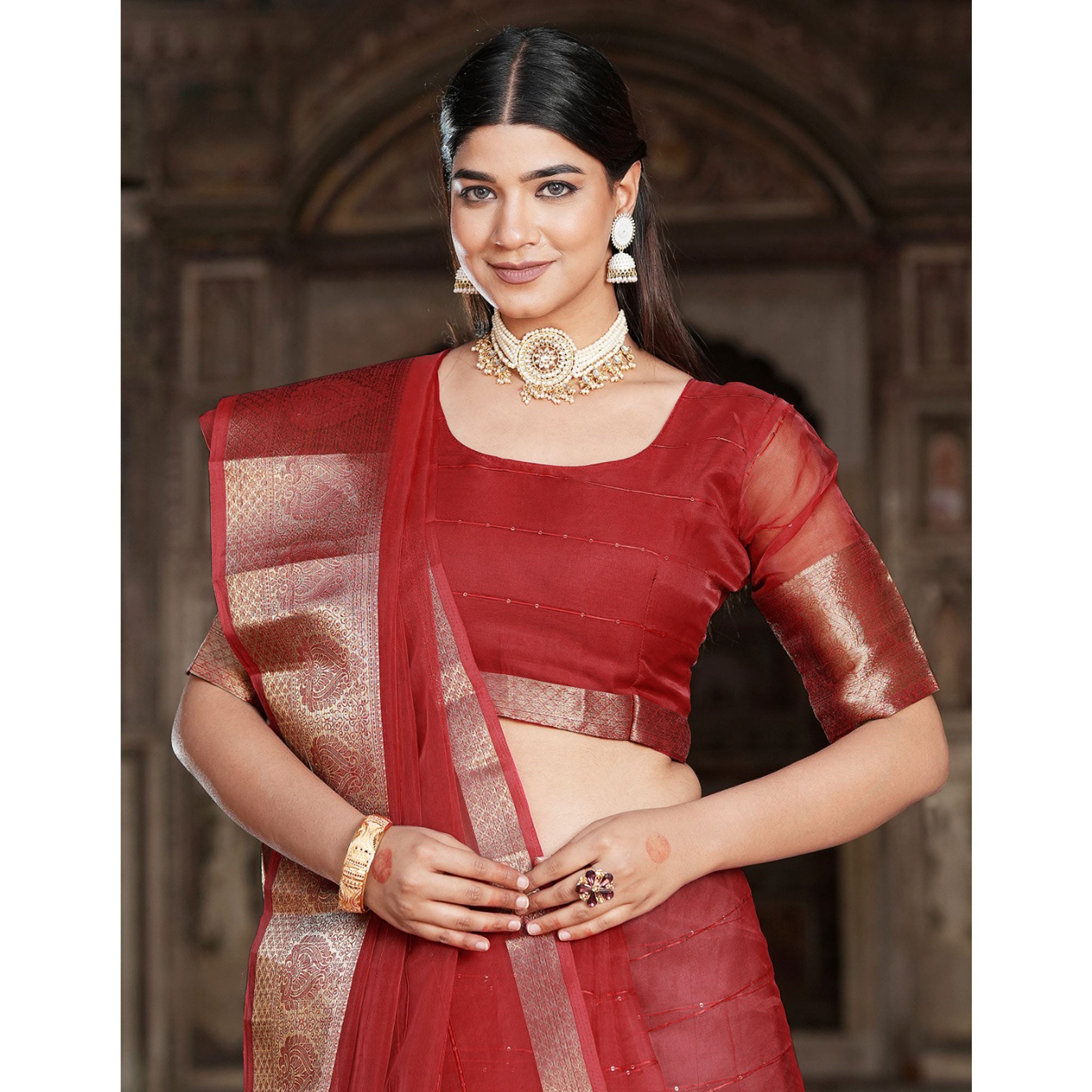 Red Sequins Embroidered Organza Saree With Woven Border