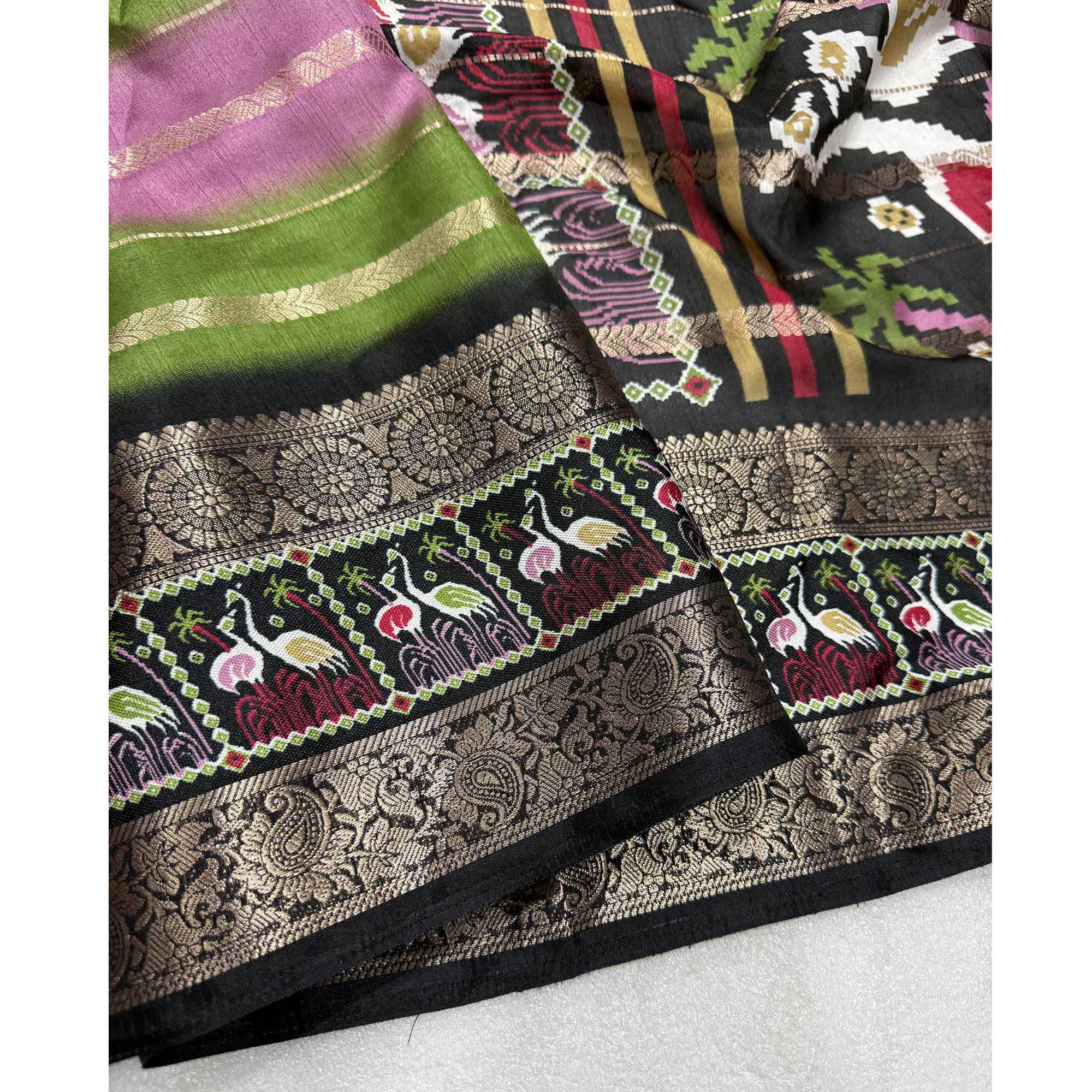 Luxury Multicolor Silk Jacquard Saree Adorned With Striped Zari Weaving and Printed Pallu