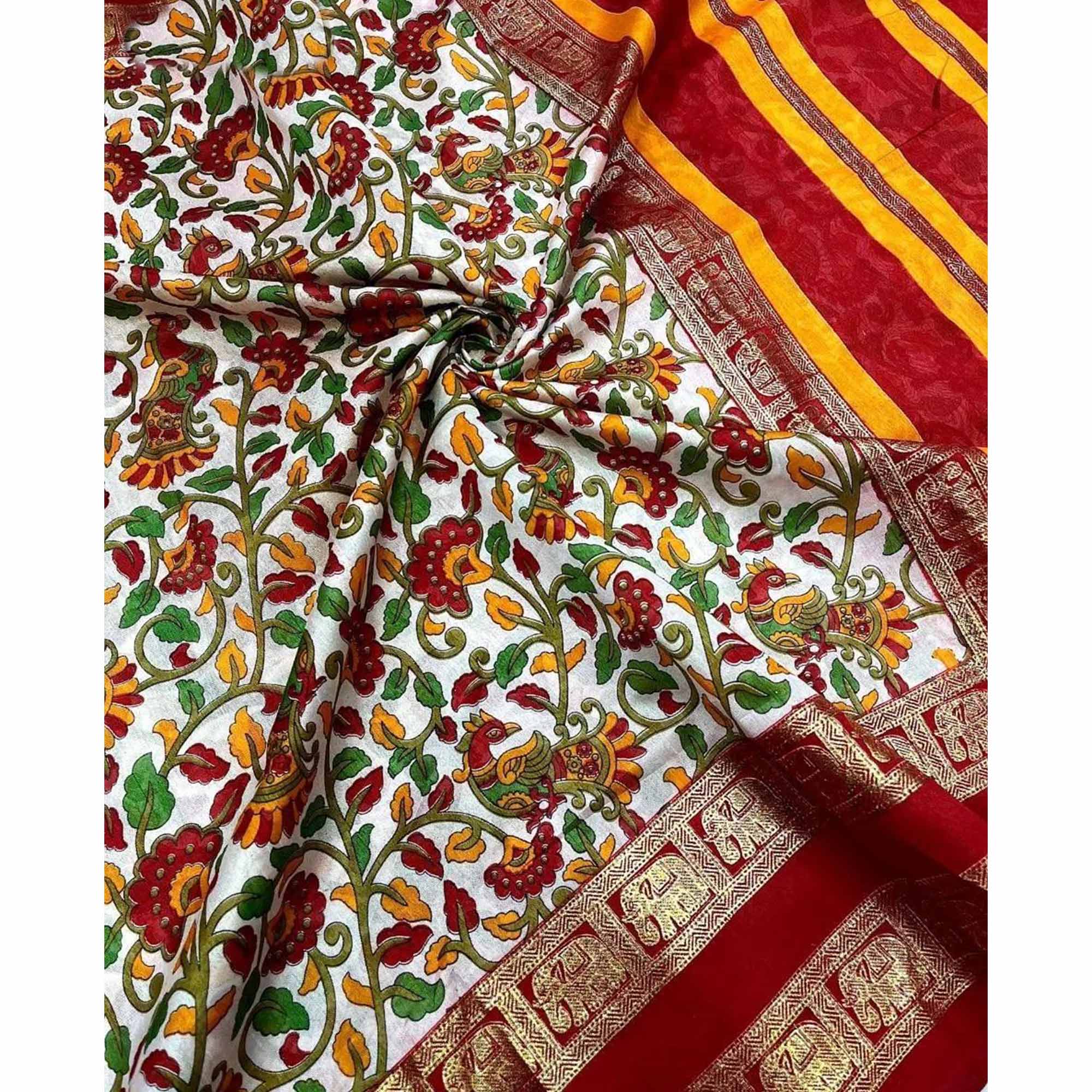Off White kalamkari With Foil Printed Border Dola Silk Saree