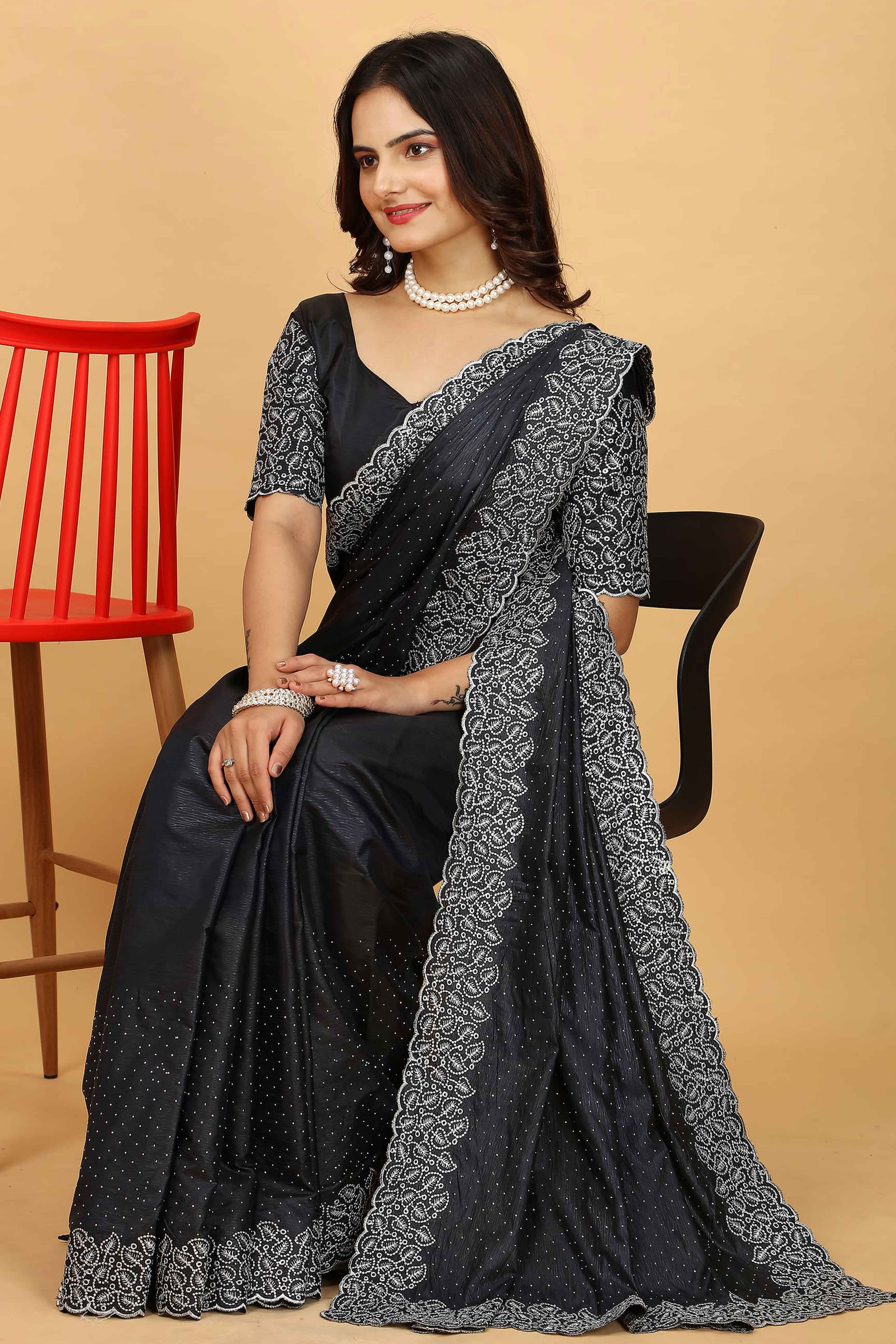 Black Swarovski Work Paper Silk Saree With Embroidery Zari Border