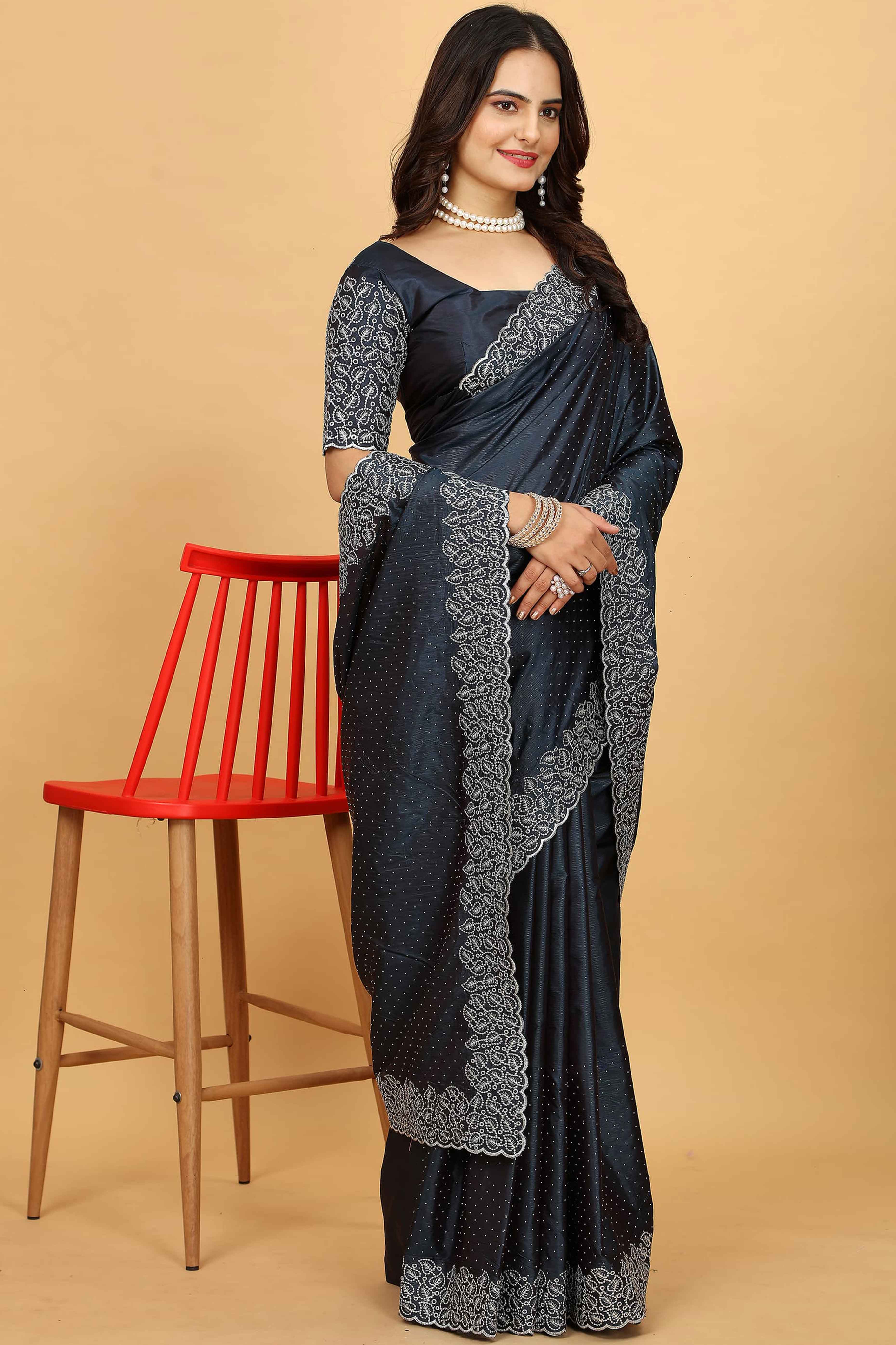 Dark Grey Swarovski Work Paper Silk Saree With Embroidery Zari Border