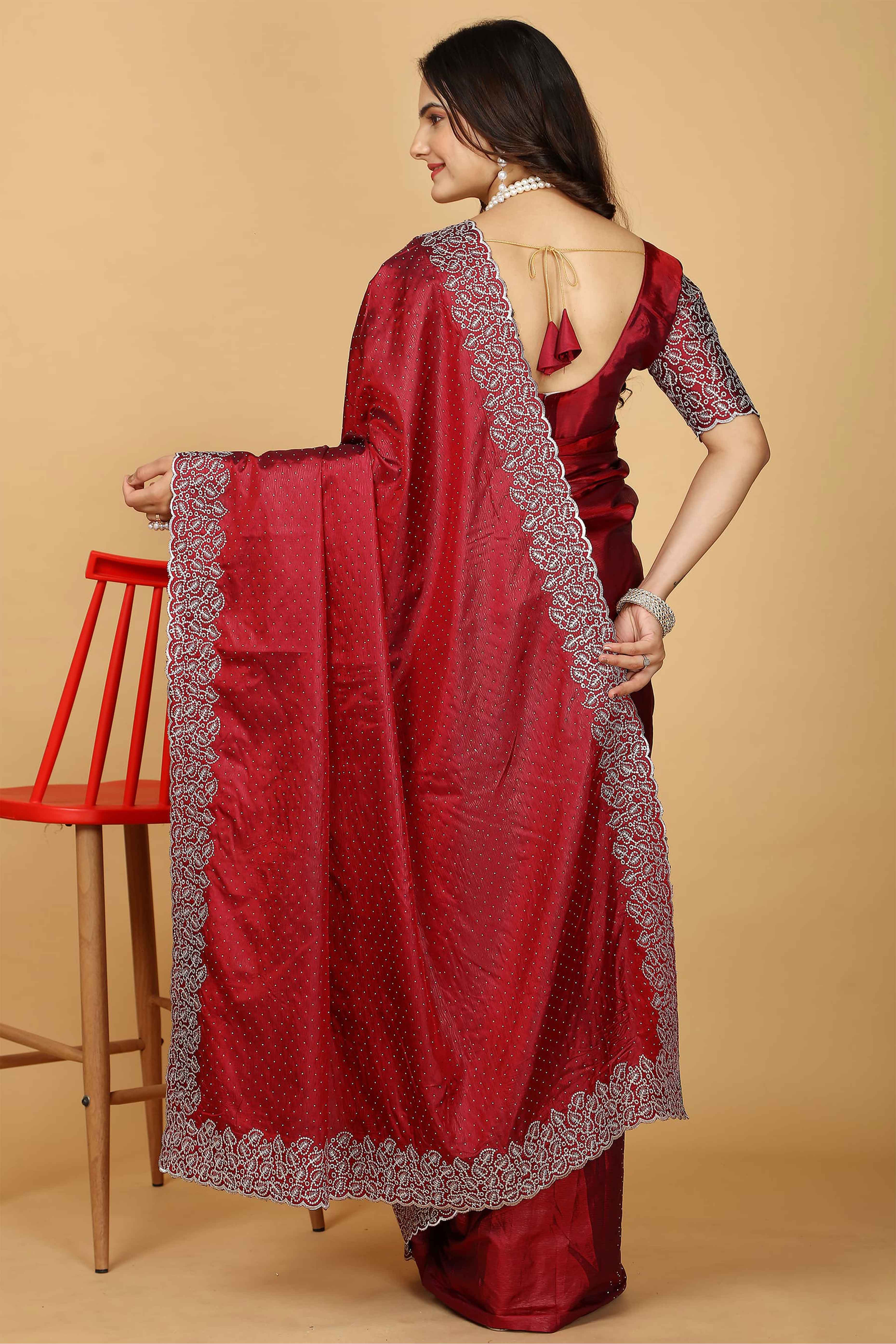 Maroon Swarovski Work Paper Silk Saree With Embroidery Zari Border