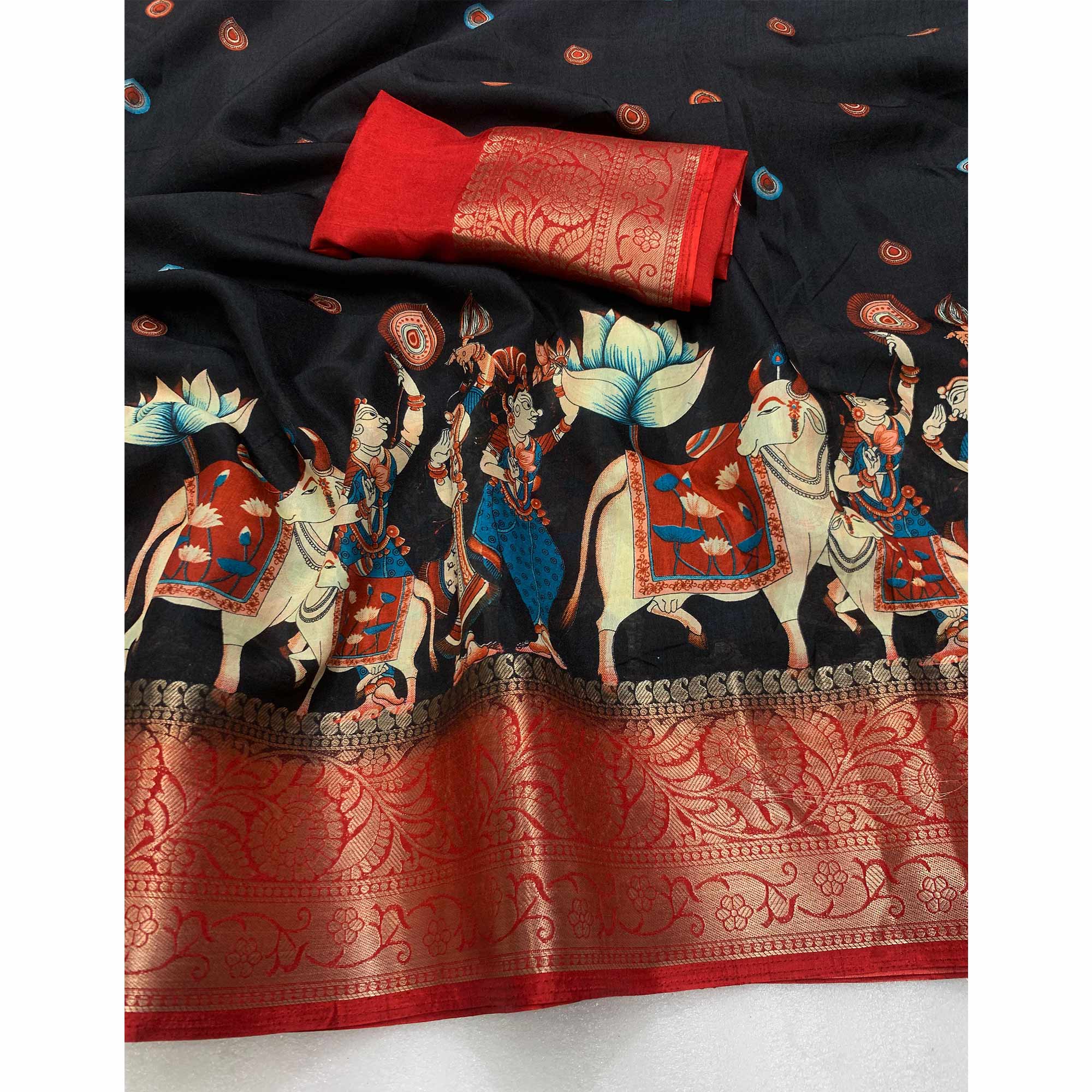Black Digital Printed Dola Silk Saree With Woven Jacquard Border