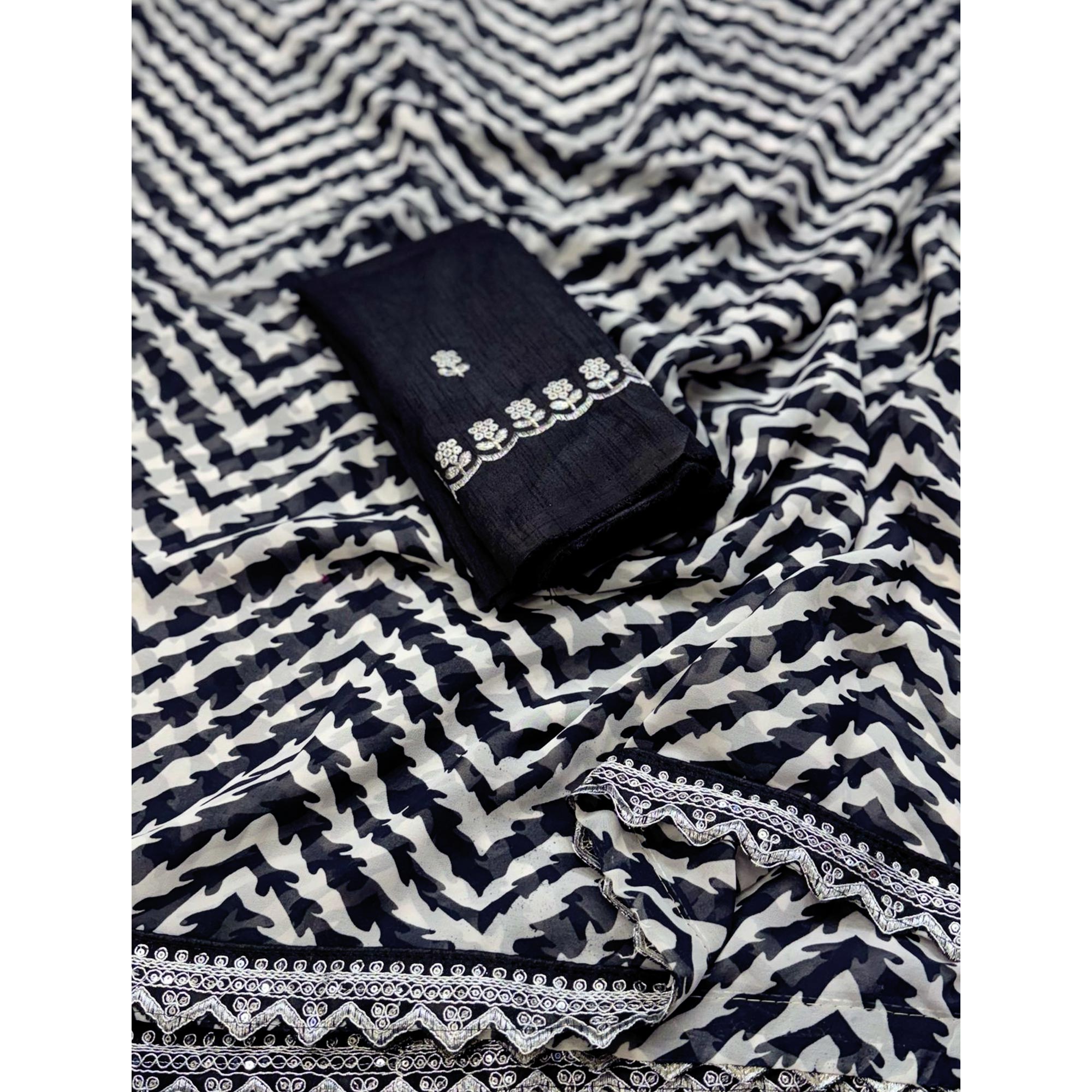 Black Zig Zag Printed Georgette Saree With Sequins Embroidered Border