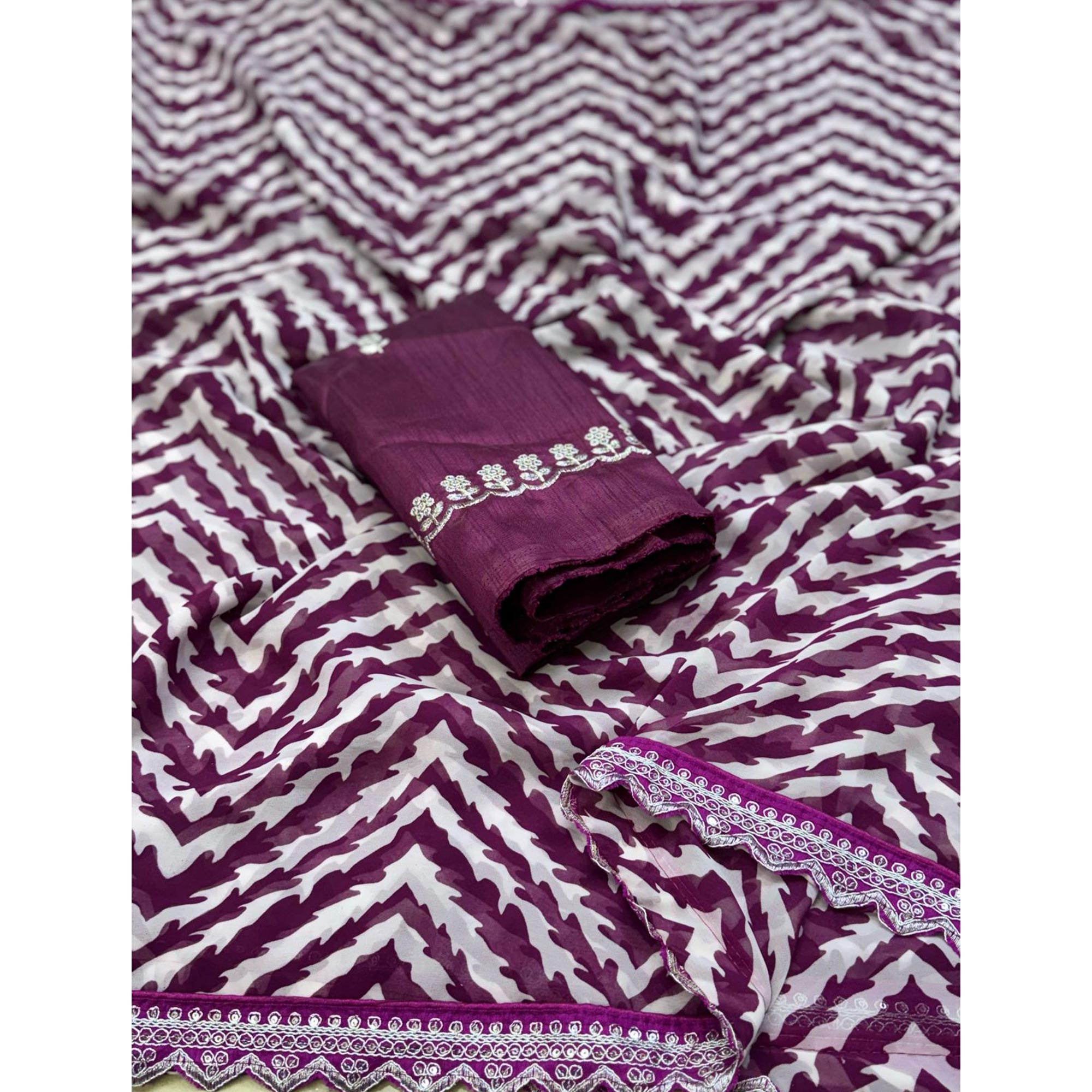 Wine Zig Zag Printed Georgette Saree With Sequins Embroidered Border