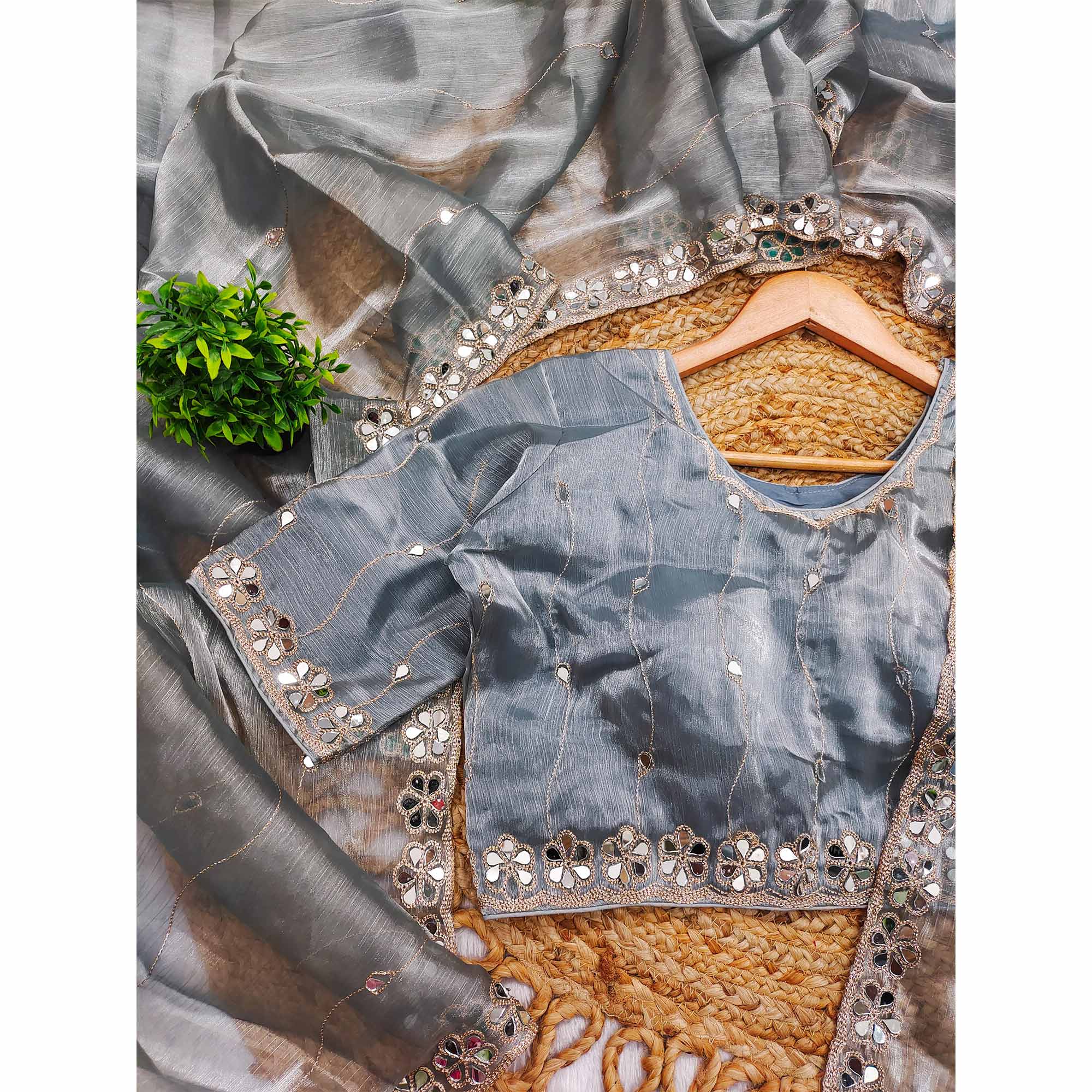 Grey Art Silk Saree Highlighted with Embroidery & Mirror Detailing