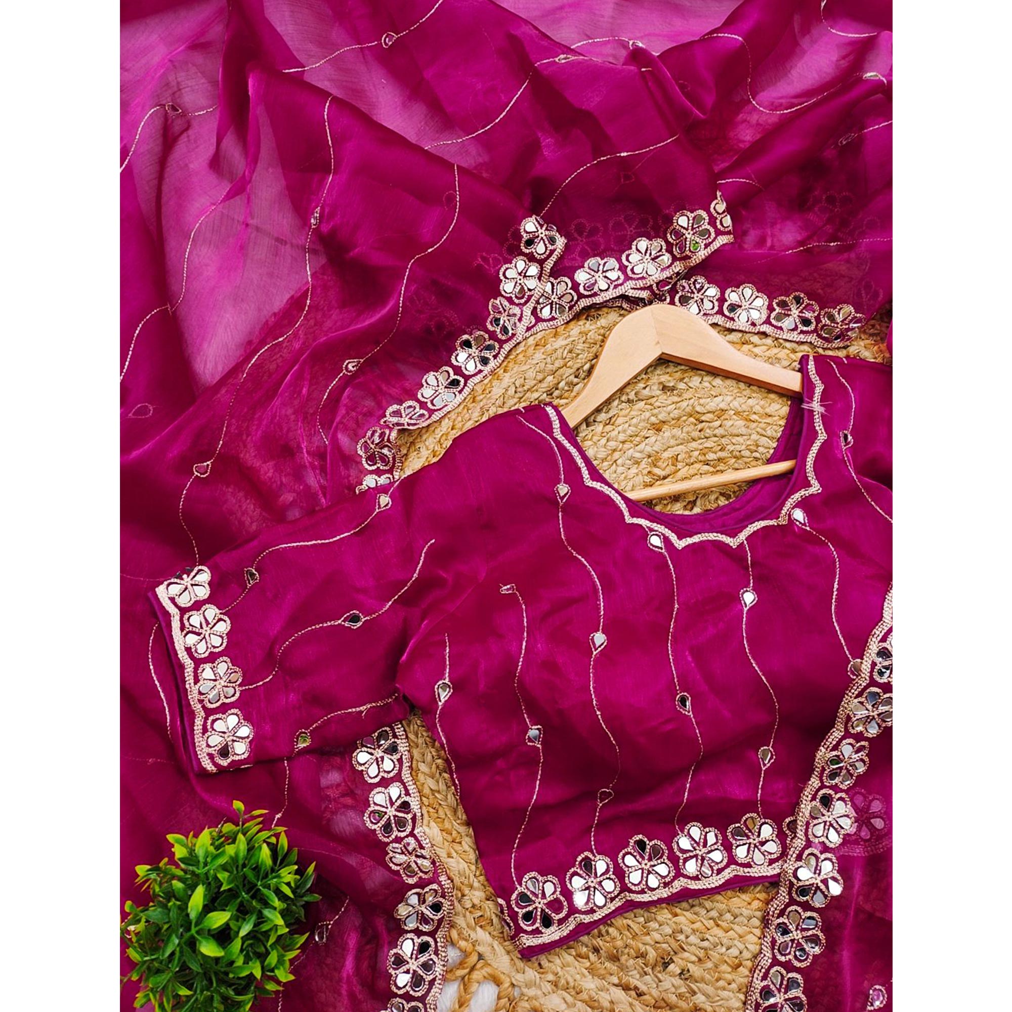 Pink Art Silk Saree Highlighted with Embroidery & Mirror Detailing