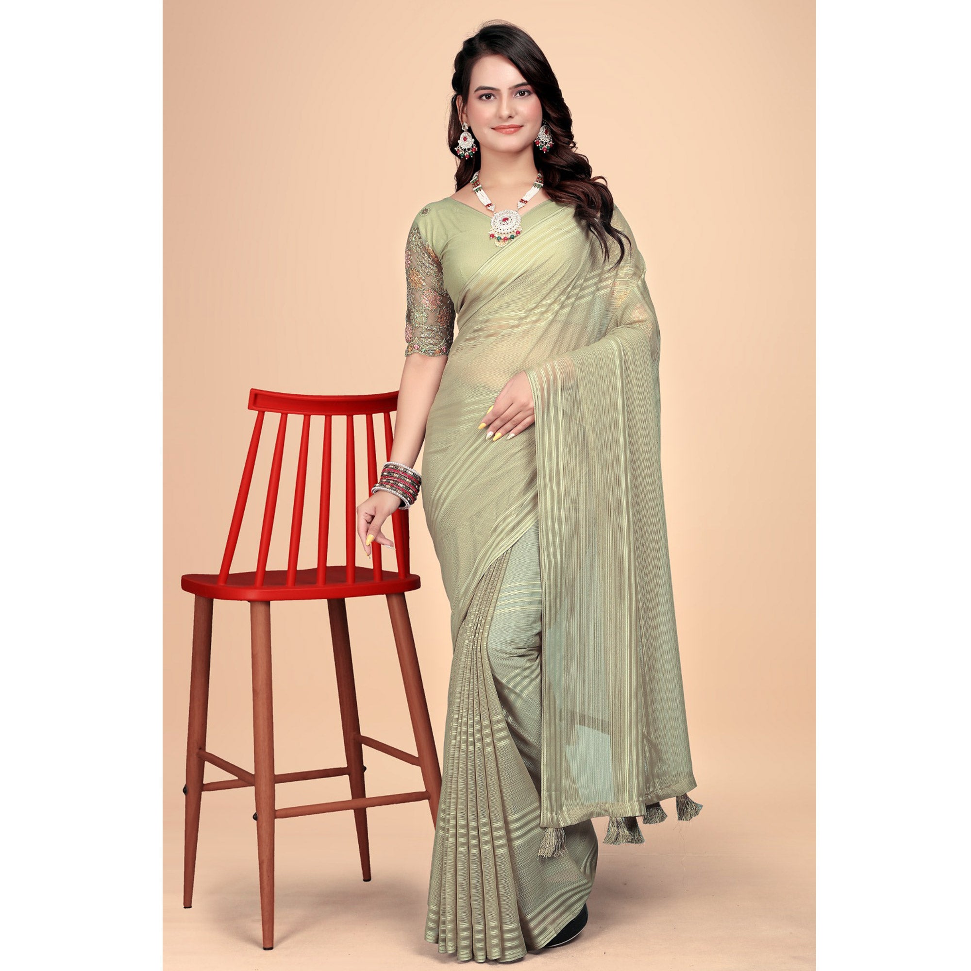 Green Zari Striped Woven Georgette Saree