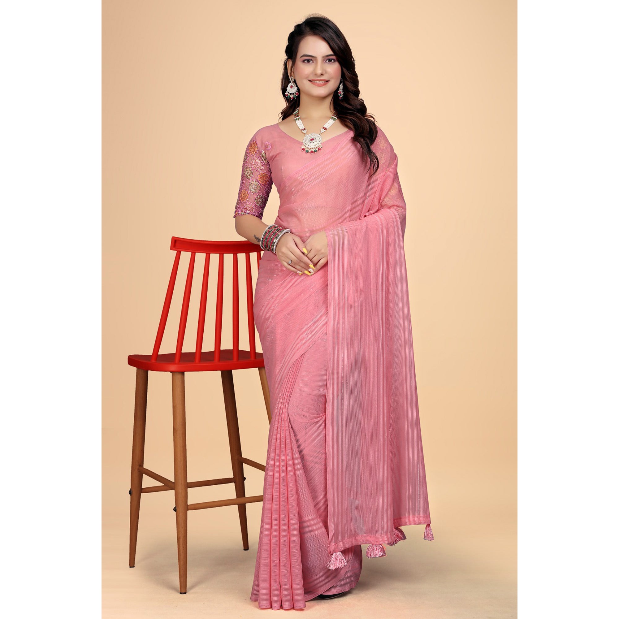 Peach Zari Striped Woven Georgette Saree