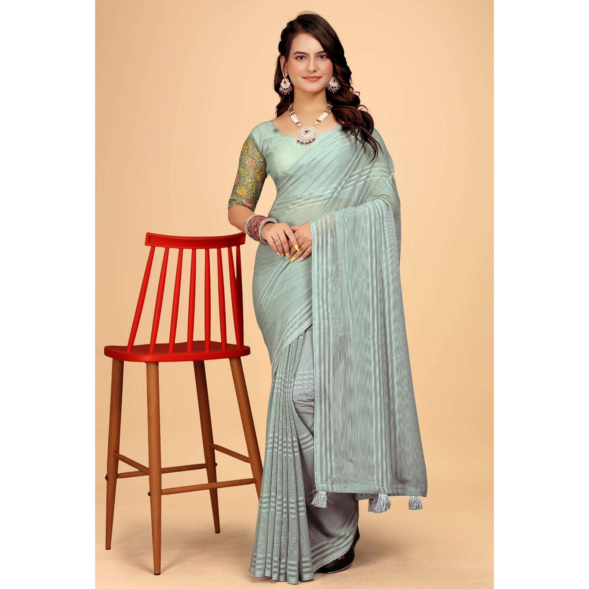 Sea Green Zari Striped Woven Georgette Saree