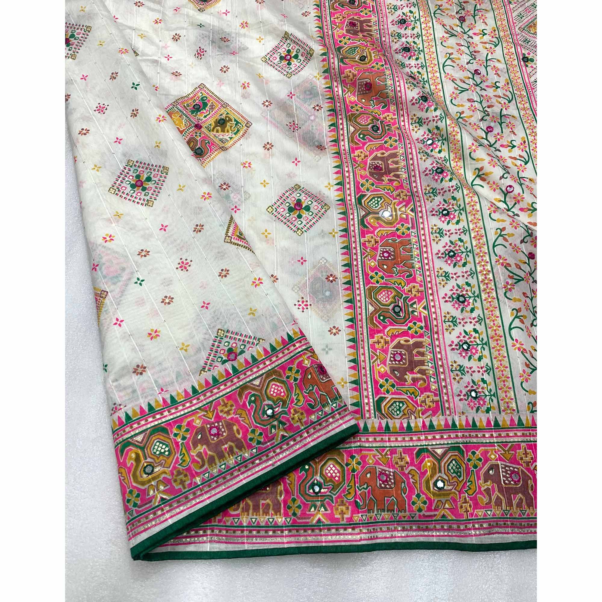 White Floral Printed Cotton Silk Patola Saree