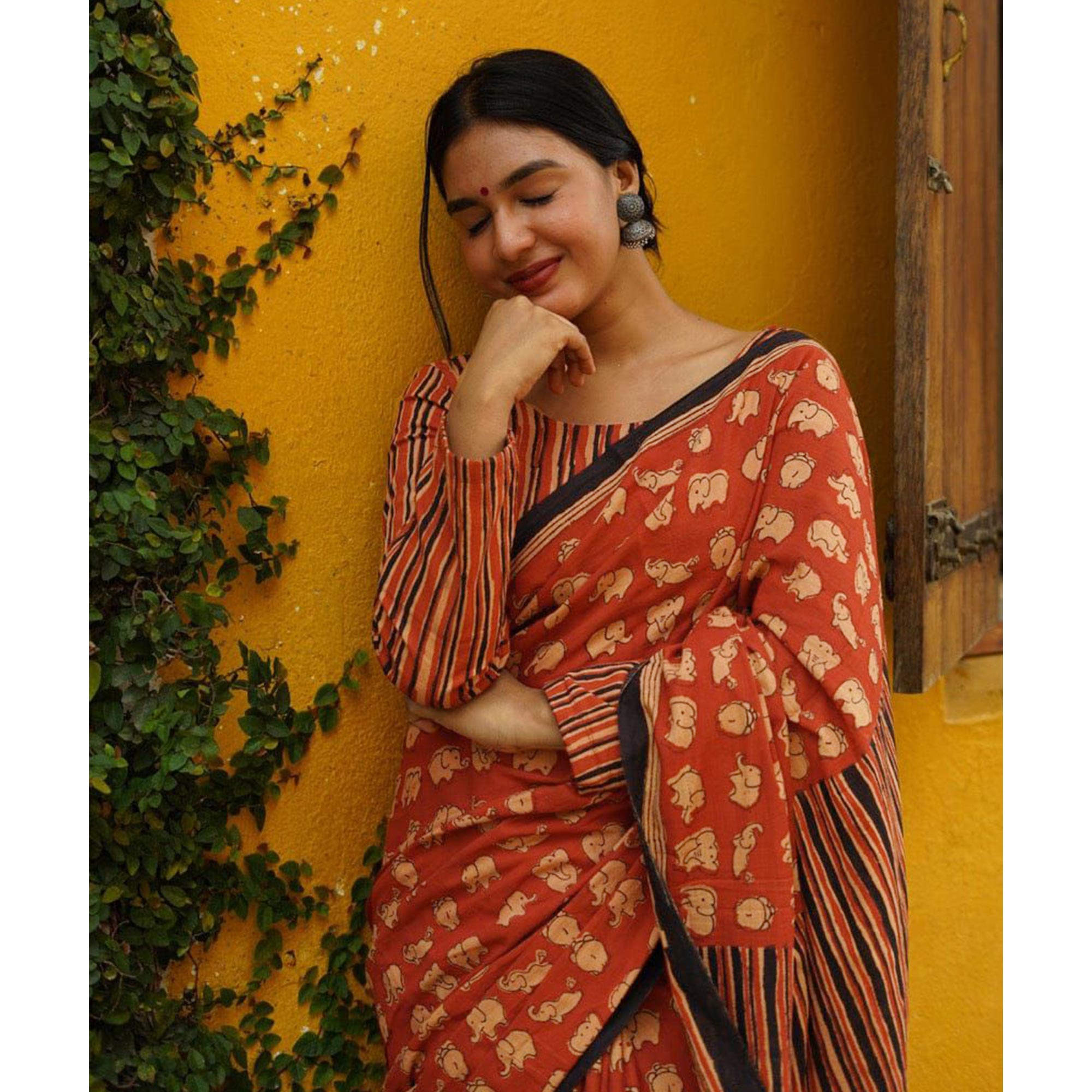 Rust Kalamari Printed Chanderi Saree