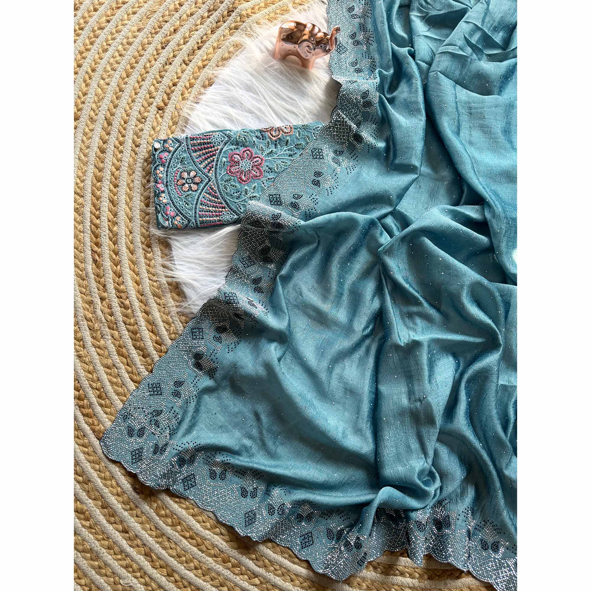 Elegant Blue Vichitra Silk Saree Adorned with Sparkling Swarovski Work & Jarkan Border