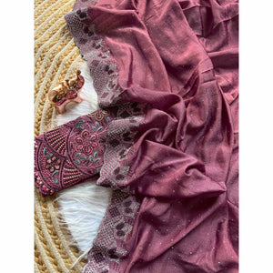 Elegant Mauve Vichitra Silk Saree Adorned with Sparkling Swarovski Work & Jarkan Border