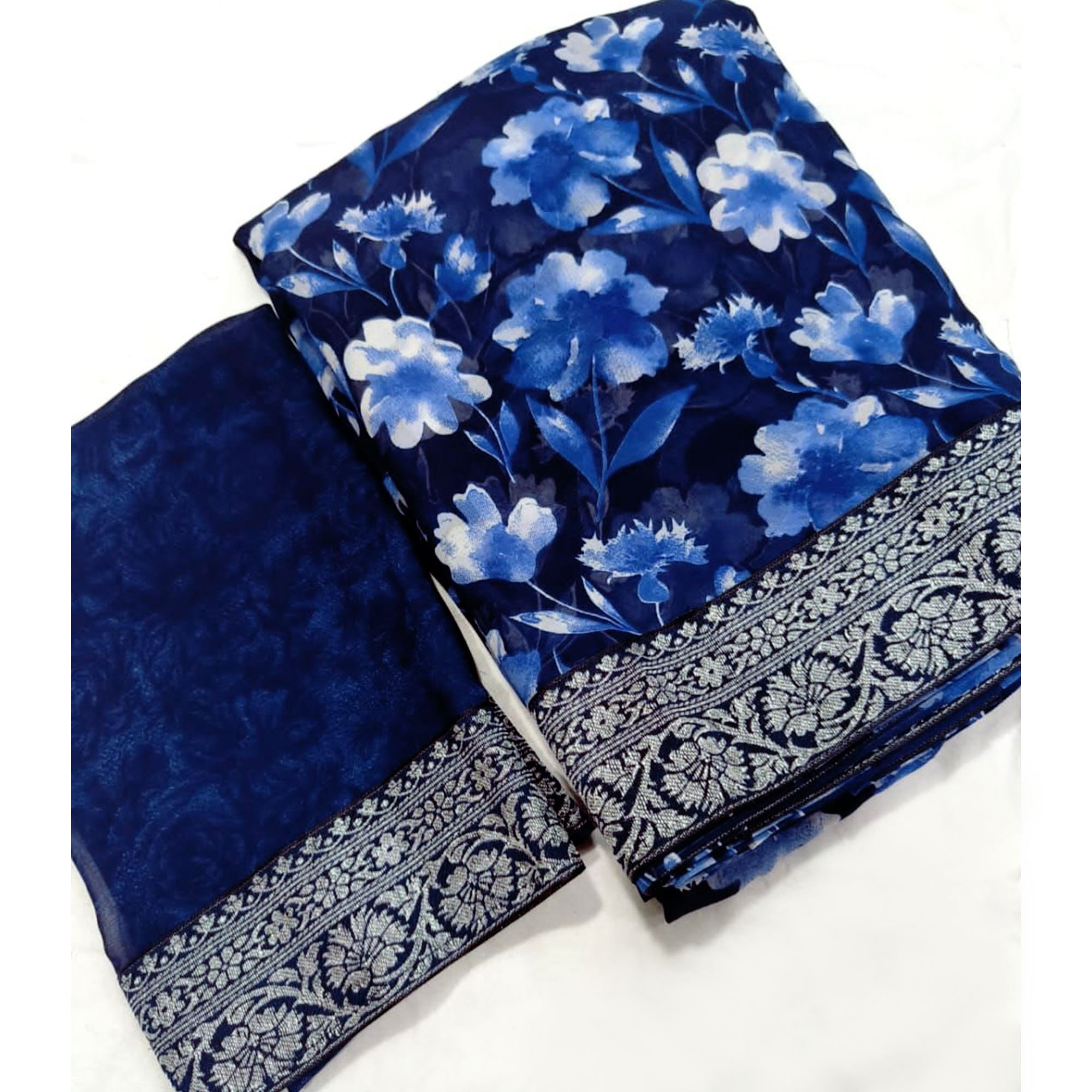 Blue Floral Printed Georgette Saree With Woven Border