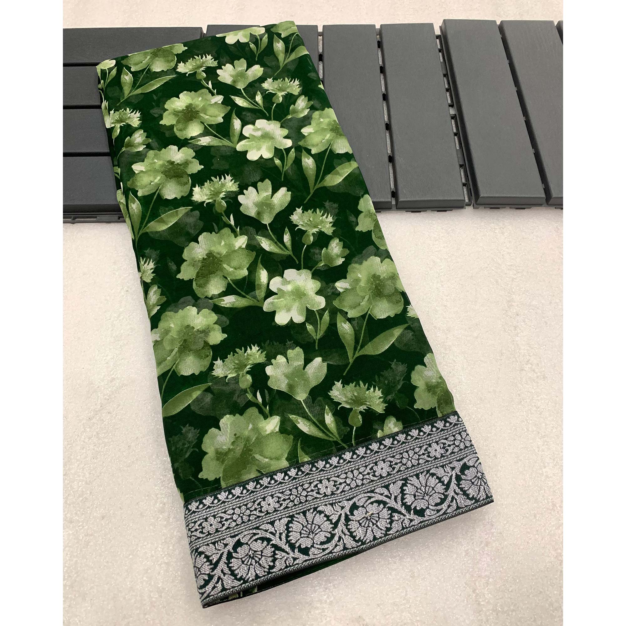 Green Floral Printed Georgette Saree With Woven Border