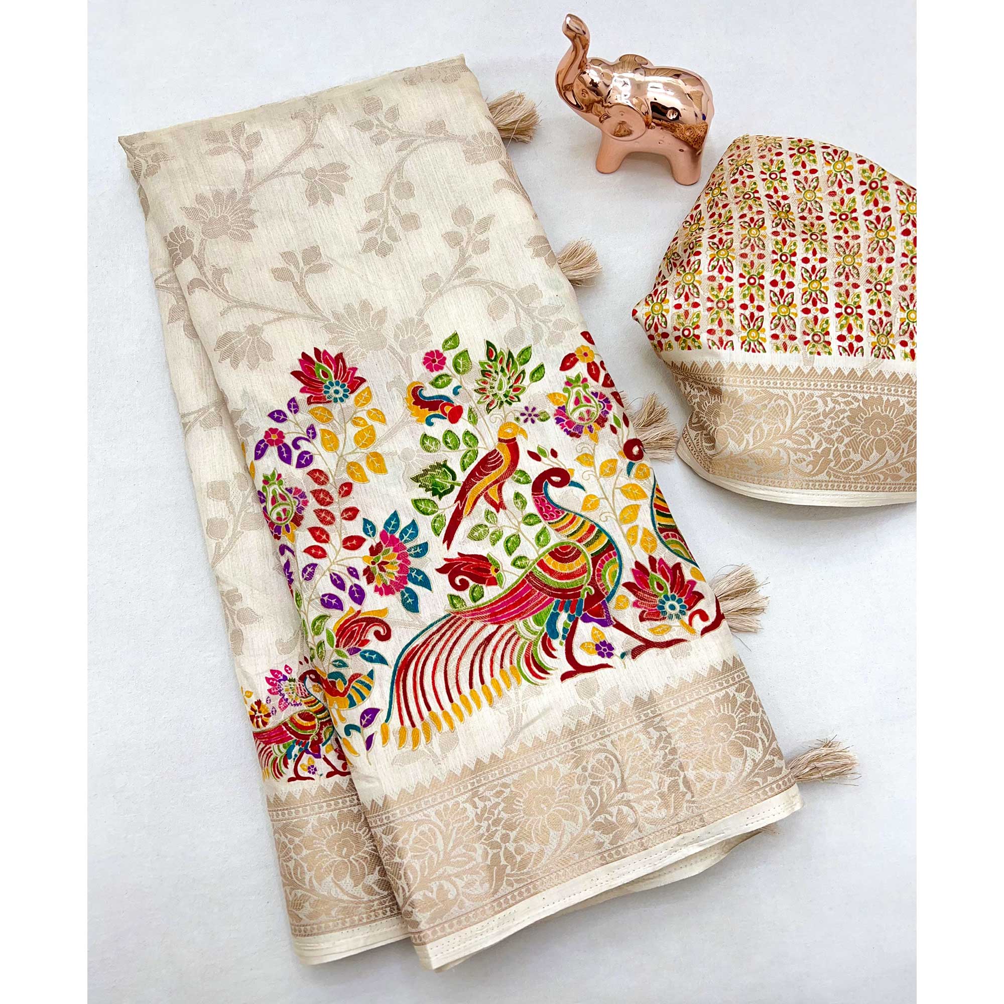 Cream Tussar Silk Jacquard Saree With Intricate Floral Zari Weaving & Tassel Border