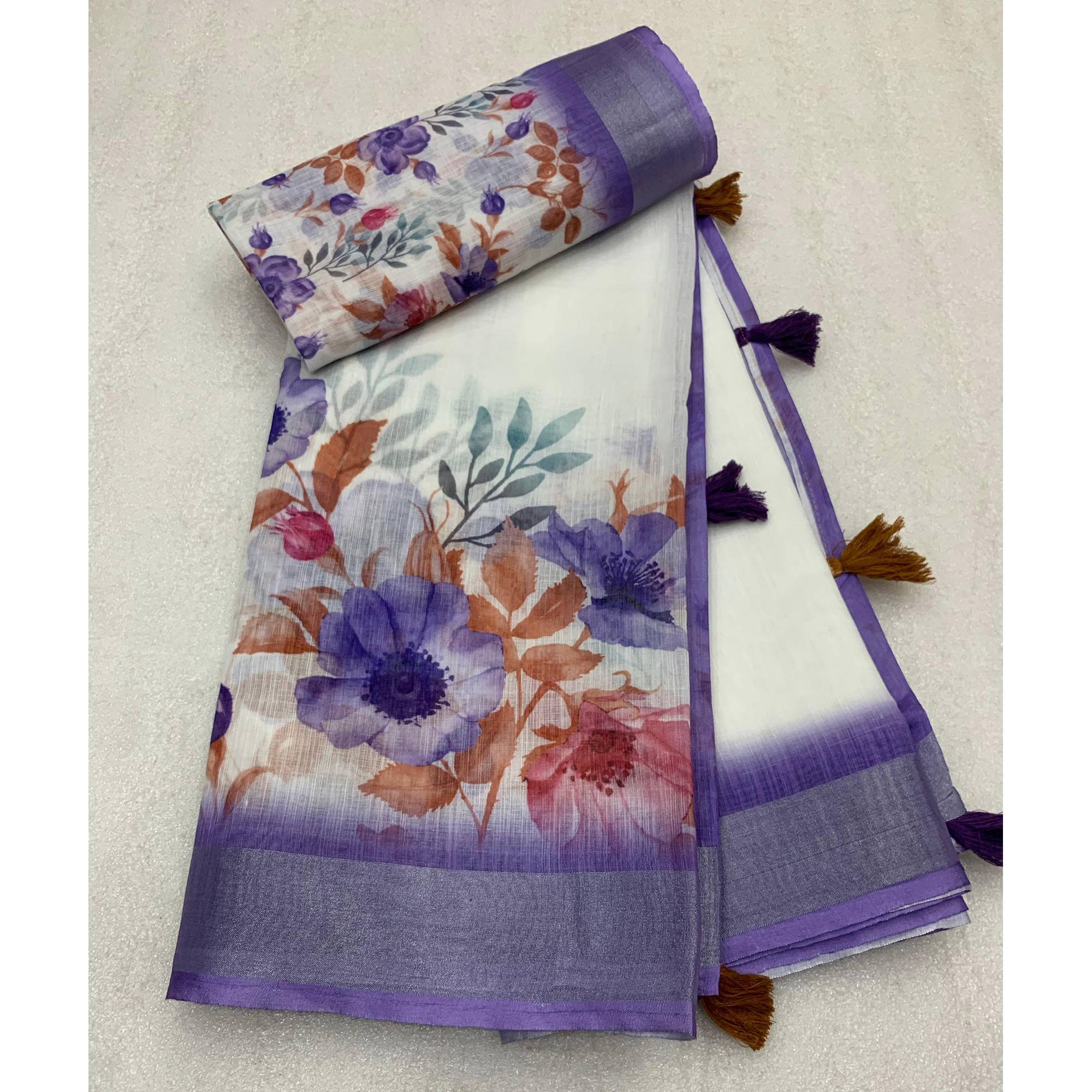 White & Lavender Printed Linen Saree With Zari Work